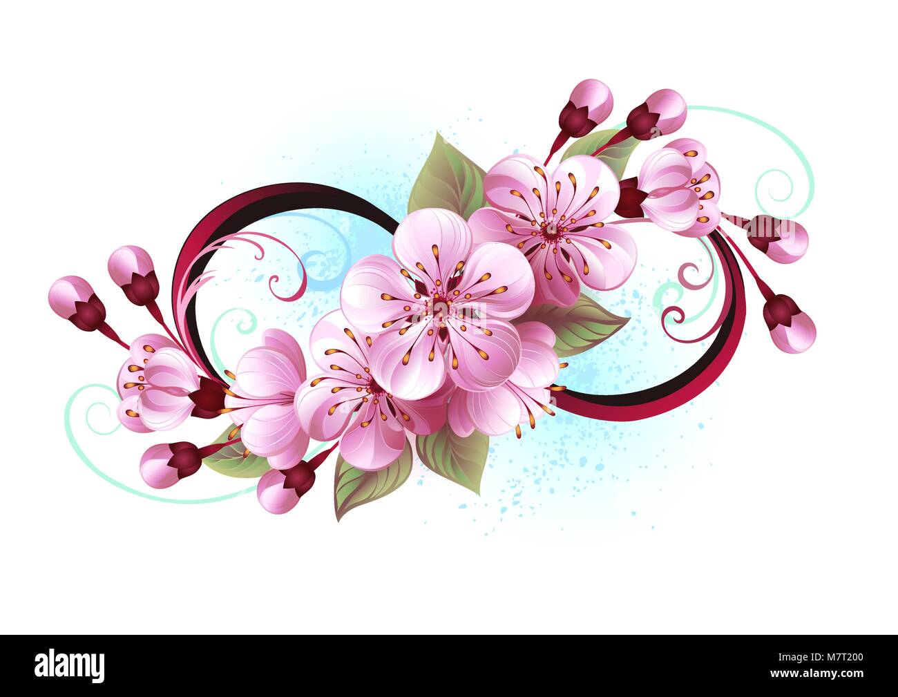 Symbol für Unendlichkeit mit Blumen und Blätter der blühenden sakura Blüten auf hellen Hintergrund, mit blauen Anstrich versehen. Das Symbol der Unendlichkeit. Sakura bl Stock Vektor
