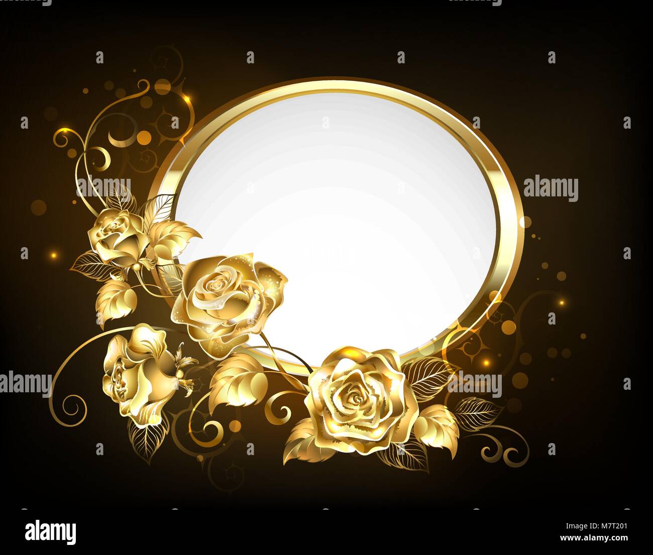 Oval Banner mit Goldrahmen geschmückt mit Gold, Juwelen, verflochten Rosen mit Blattgold auf schwarzen Hintergrund. Gold stieg. Stock Vektor