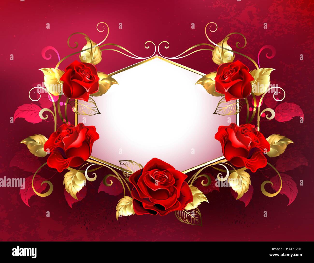 Weißes Schild mit roten Rosen dekoriert, mit goldenen Blätter und Stängel auf rotem Hintergrund. Design mit Rosen. Rote Rosen. Stock Vektor