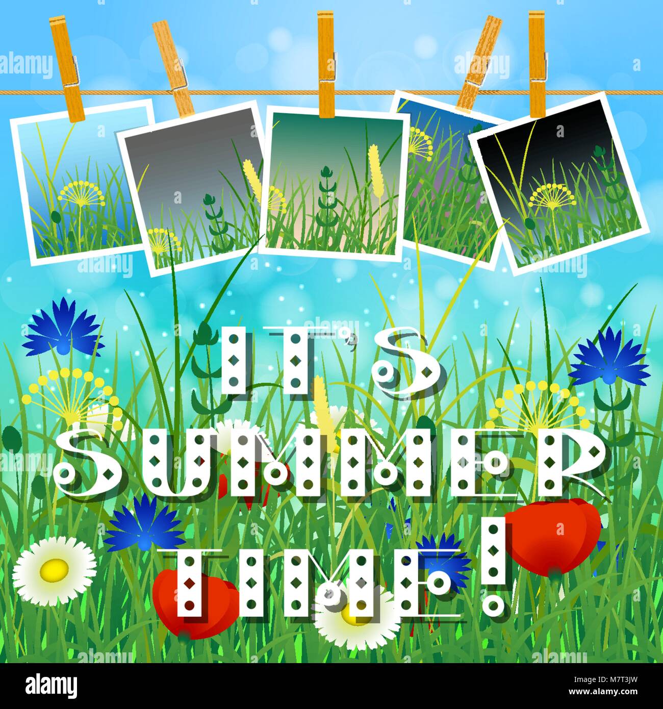 Konzept Sommer. Himmel, Blur, Wiese mit Kräutern und Blumen. Sommer Fotos auf Wäscheklammern auf einem Seil. Sie können Ihre Fotos einfügen. Text - seine Sommer Stock Vektor