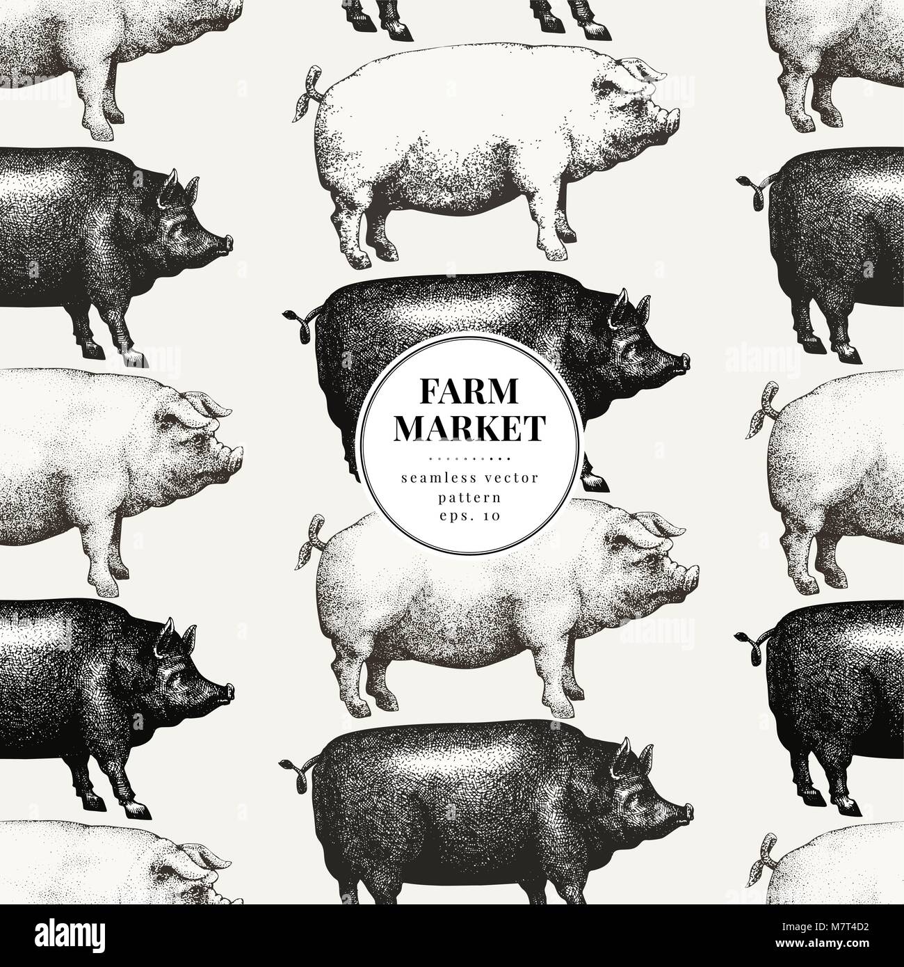 Nahtlose farm Vektor Muster. Grafische Schwein Silhouette, Hand gezeichnet retro Illustrationen. Vintage Nutztiere Hintergrund, banner Vorlage. Stock Vektor