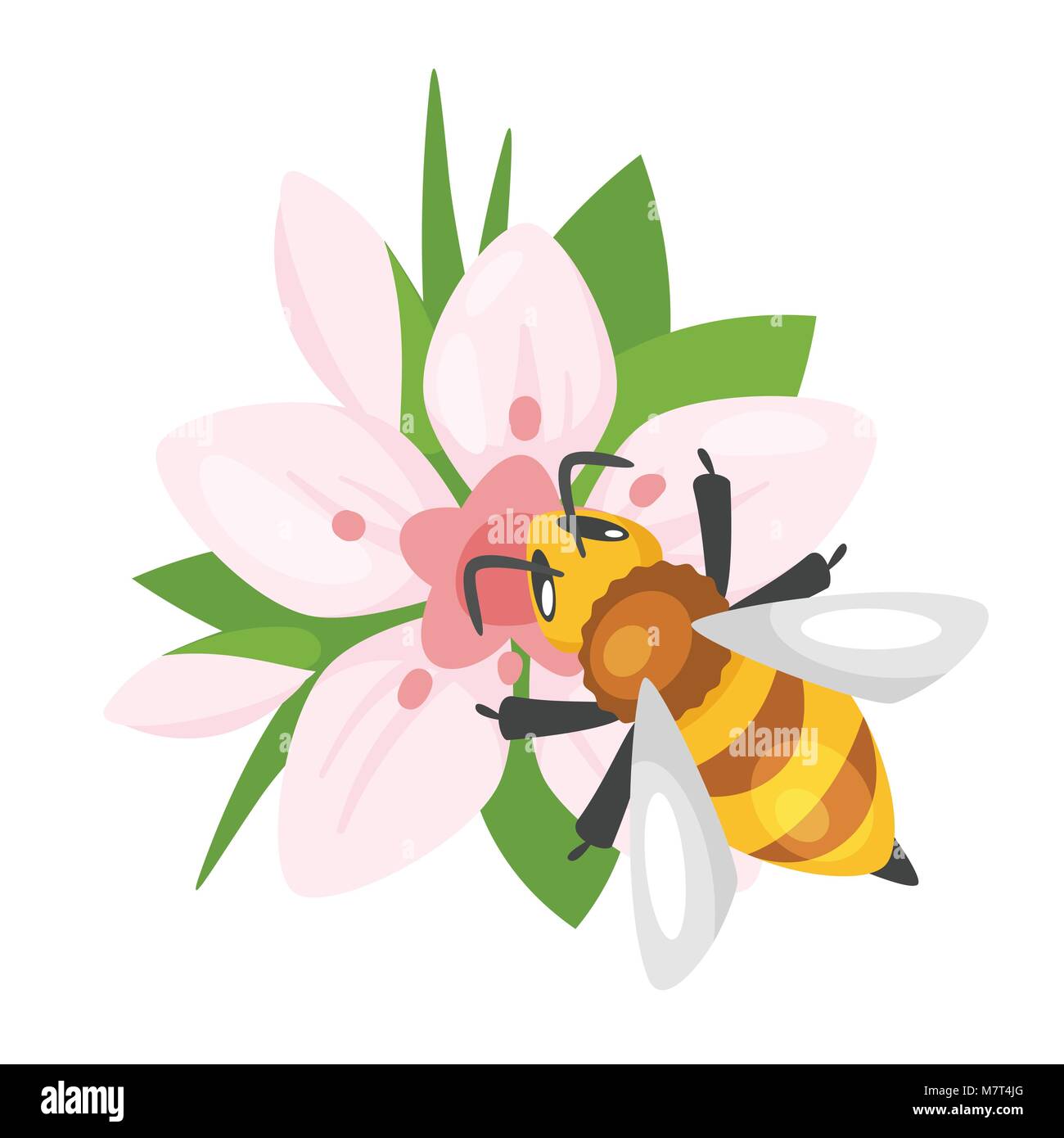 Vektor Cartoon Stil Abbildung einer Biene sitzt auf das blühen rosa Blume. Auf weissem Hintergrund. Stock Vektor