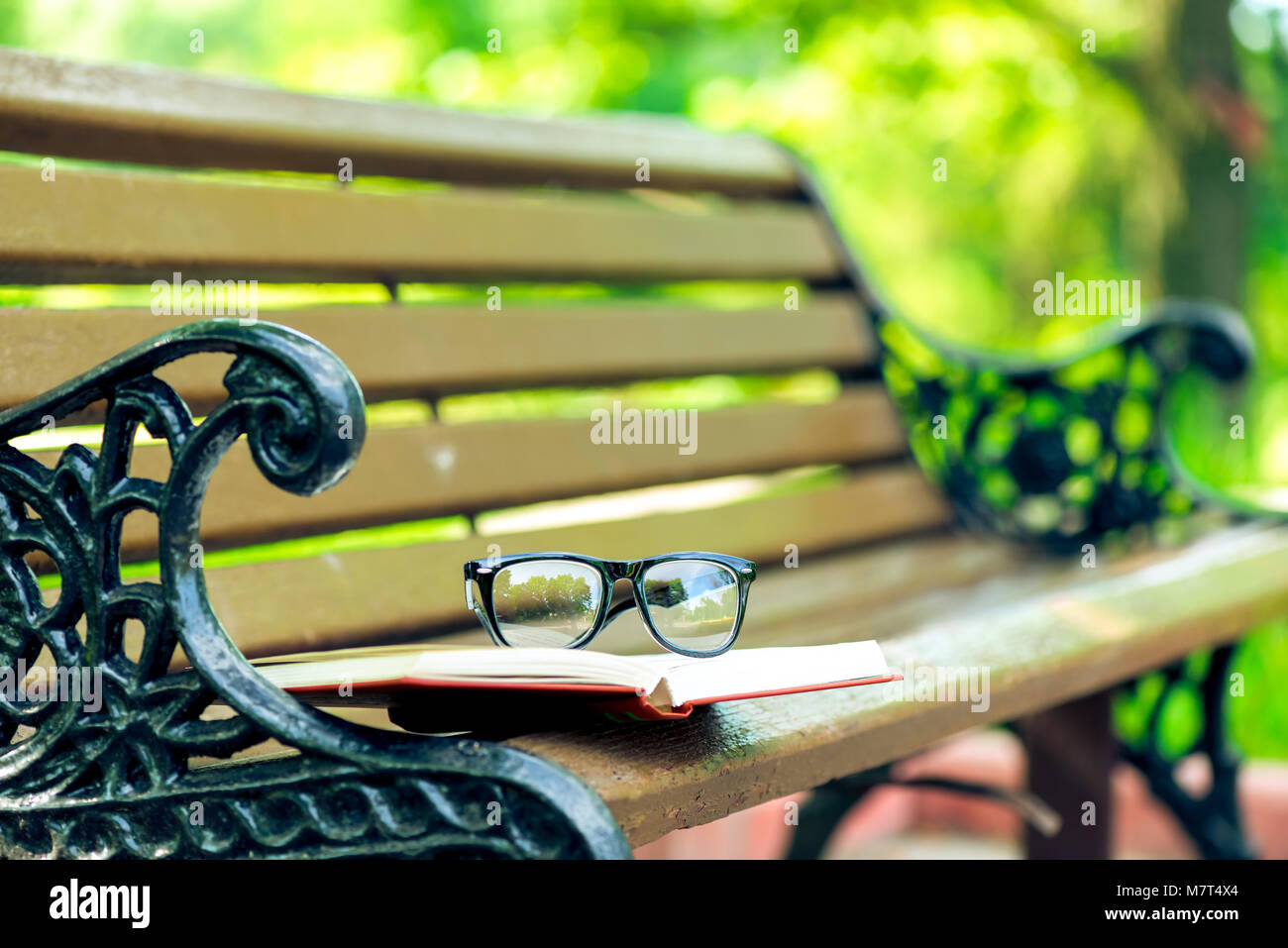 Buch und Gläser liegen am Rande einer Bank in einem Sommer Park Stockfoto