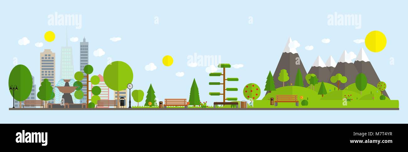 Flache Cartoon Stil Abbildung der urbanen Landschaft Straße skyline city Office Gebäude und Parks mit Bäumen. Vector Illustration Stock Vektor