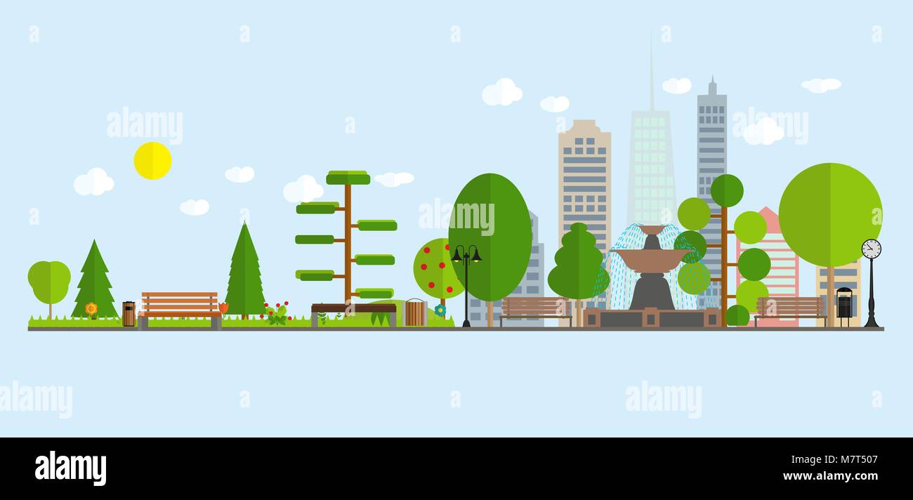 Flache Cartoon Stil Abbildung der urbanen Landschaft Straße skyline city Office Gebäude und Parks mit Bäumen. Vector Illustration Stock Vektor