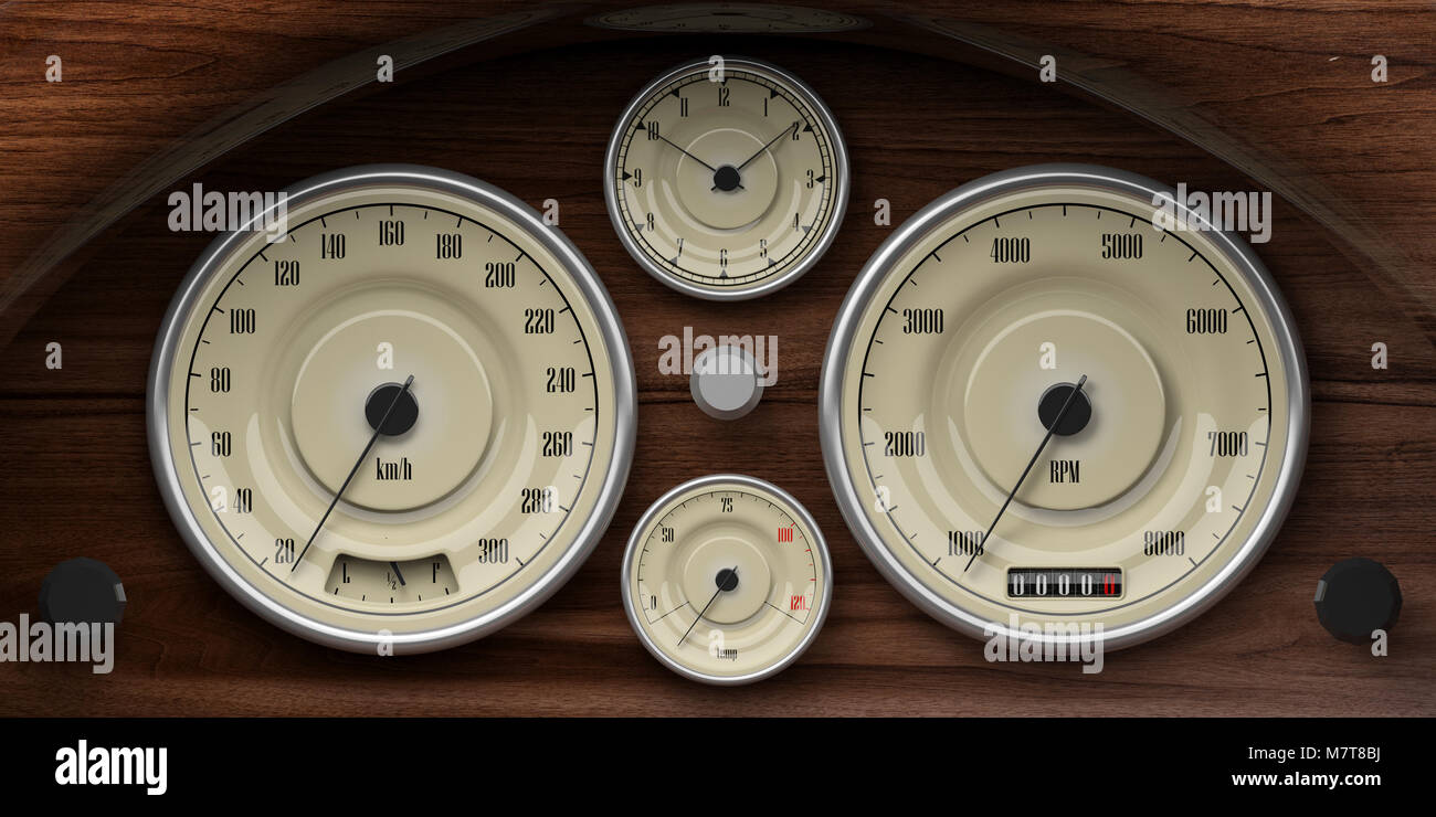 Oldtimer Holz- Armaturenbrett mit retro Manometer. Indikationen für die  Drehzahl-, Kraftstoff-, RPM-, Distanz- und Temperatur. 3D-Darstellung  Stockfotografie - Alamy