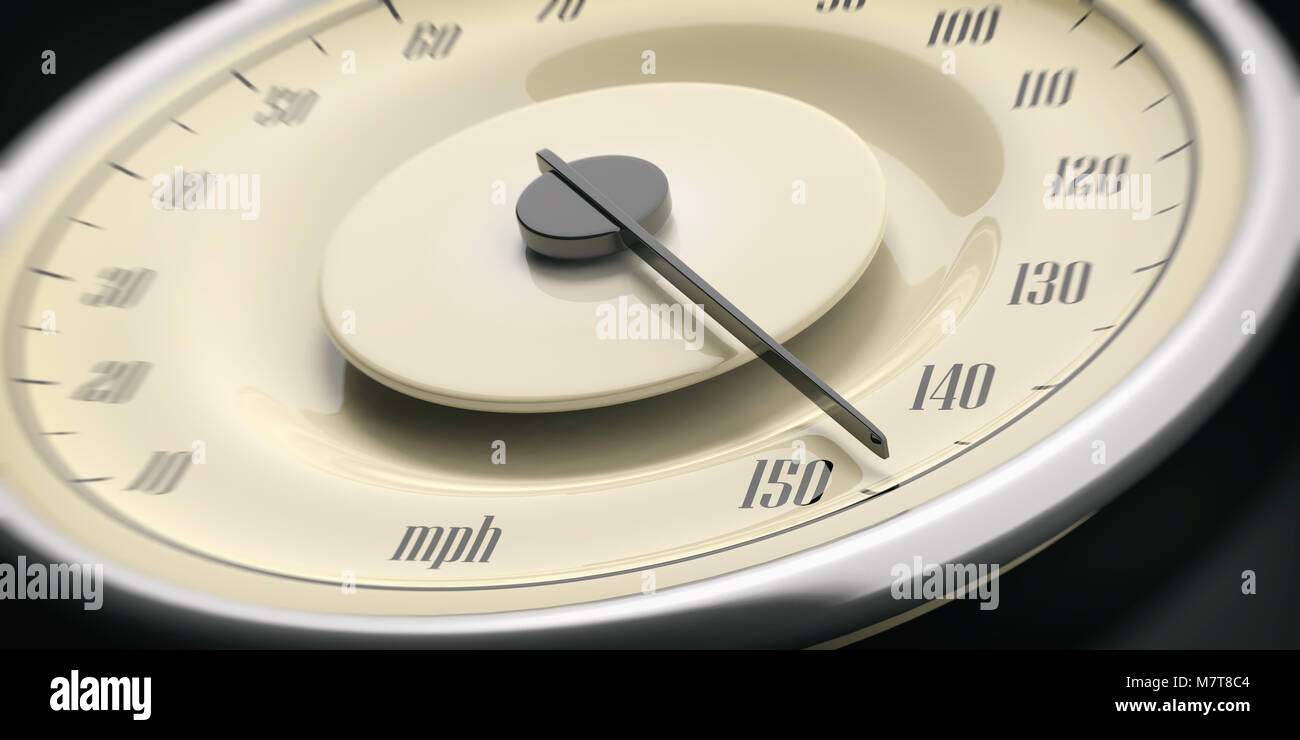 Hohe Geschwindigkeit. Oldtimer Manometer Tachometer closeup Detail, schwarzen Hintergrund. Anzeige von 150 Mph. 3D-Darstellung Stockfoto