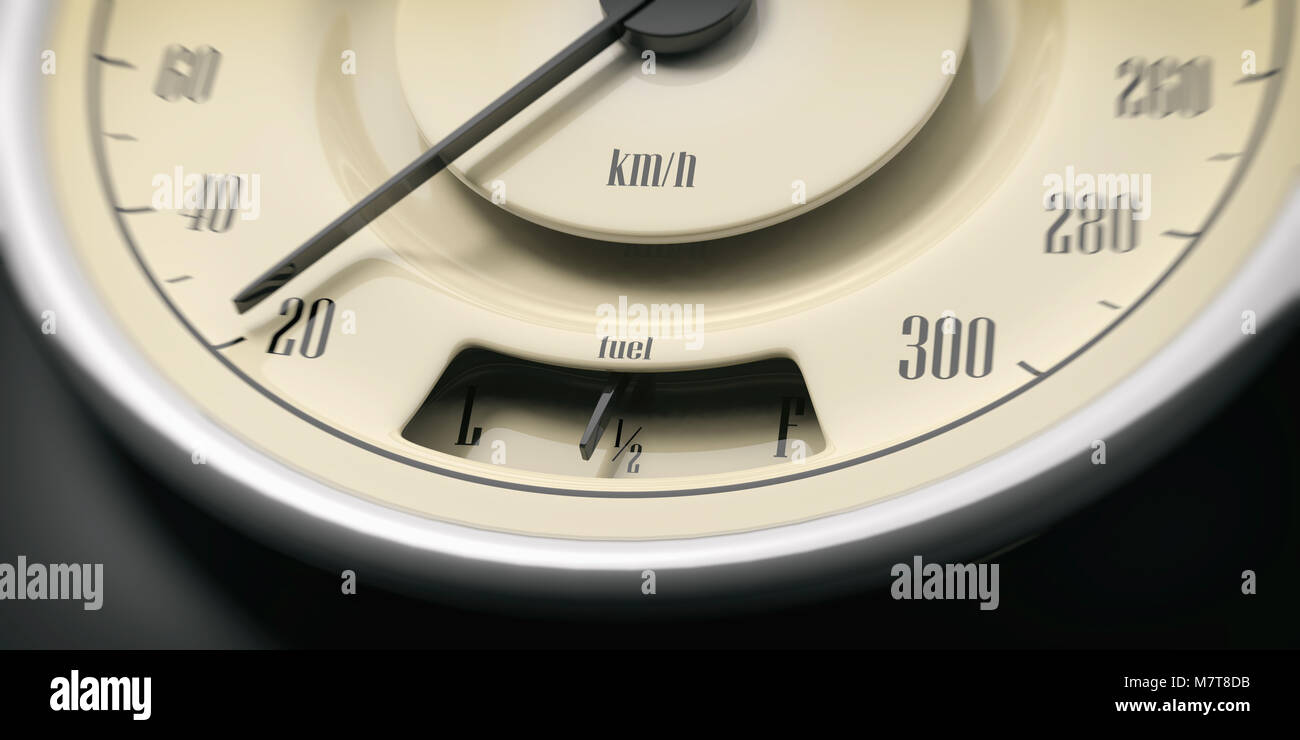 Oldtimer messen closeup Detail auf schwarzem Hintergrund. Indikationen für Geschwindigkeit und Kraftstoff, 3D-Darstellung Stockfoto