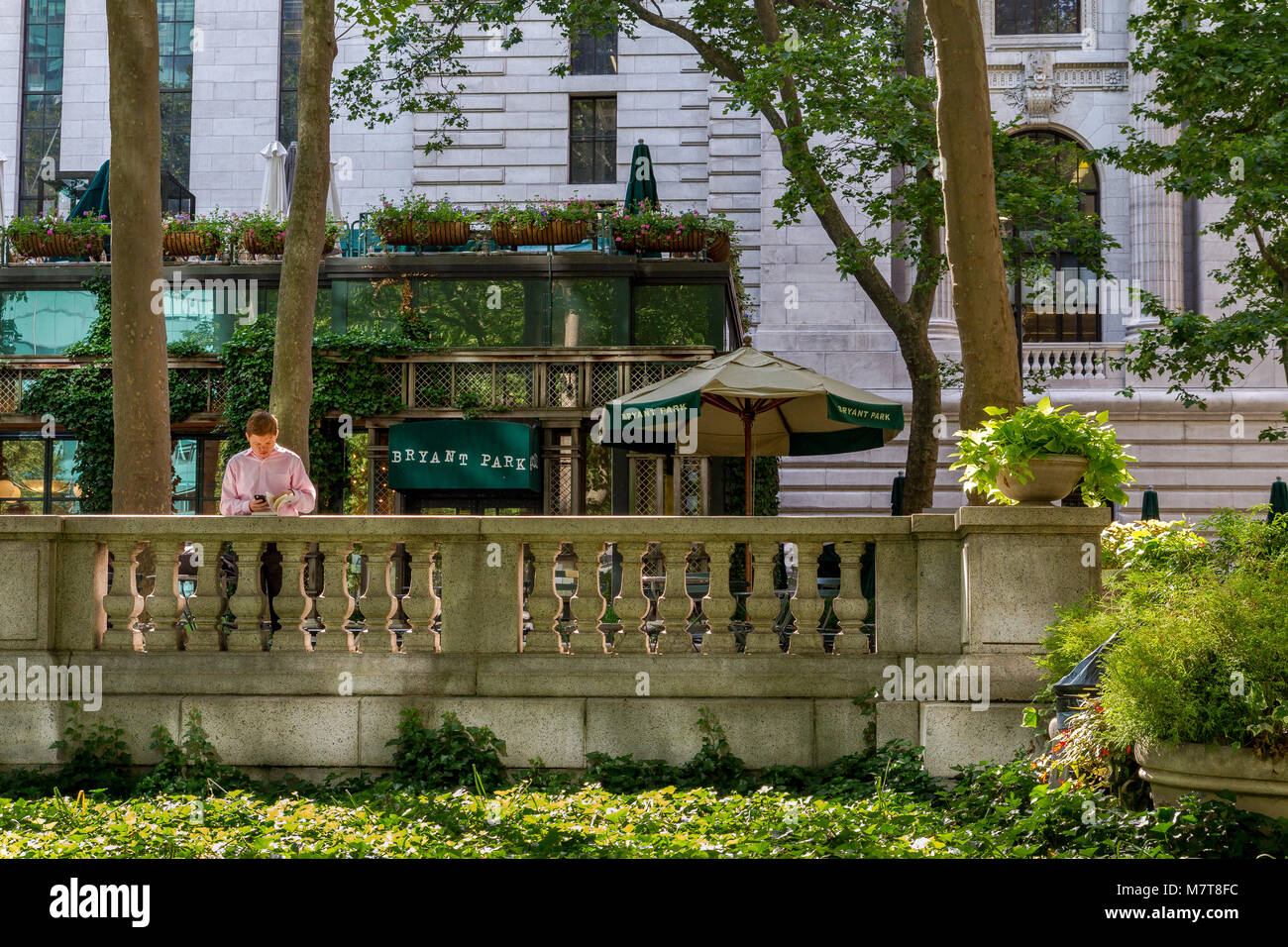 Mann, der in seinem Telefon in Bryant Park, Manhattan, New York, auf sein Telefon schaut Stockfoto