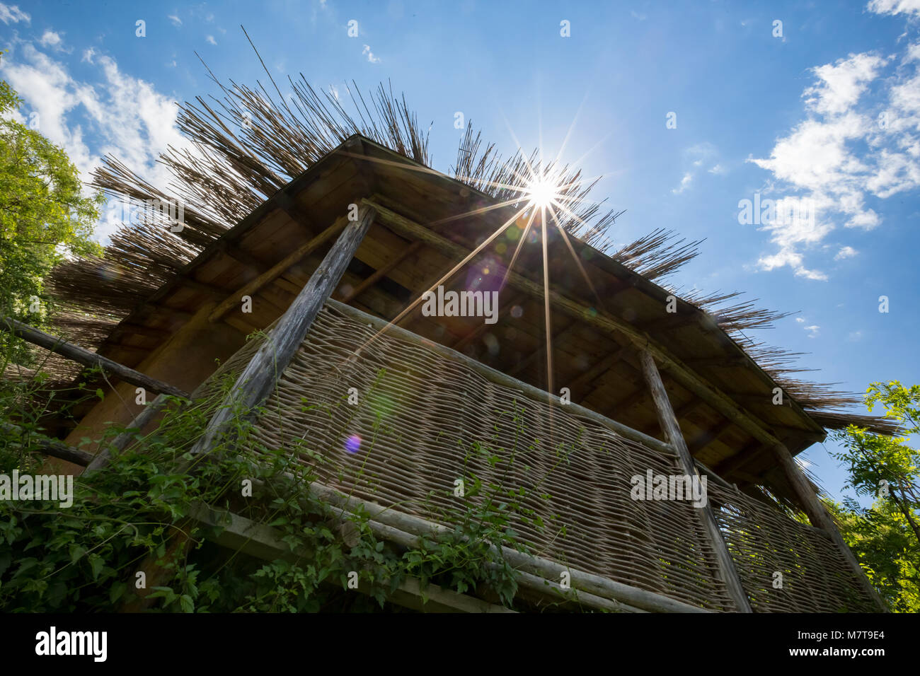Sun Beugung durch gestrickte Holzdach Stockfoto