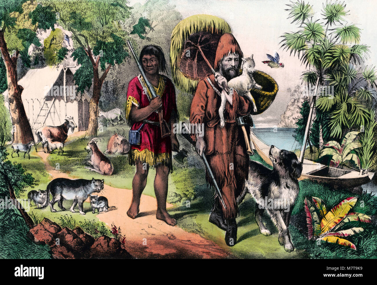 Robinson Crusoe und Freitag, eine handkolorierte Lithographie aus dem Jahre 1874. Stockfoto