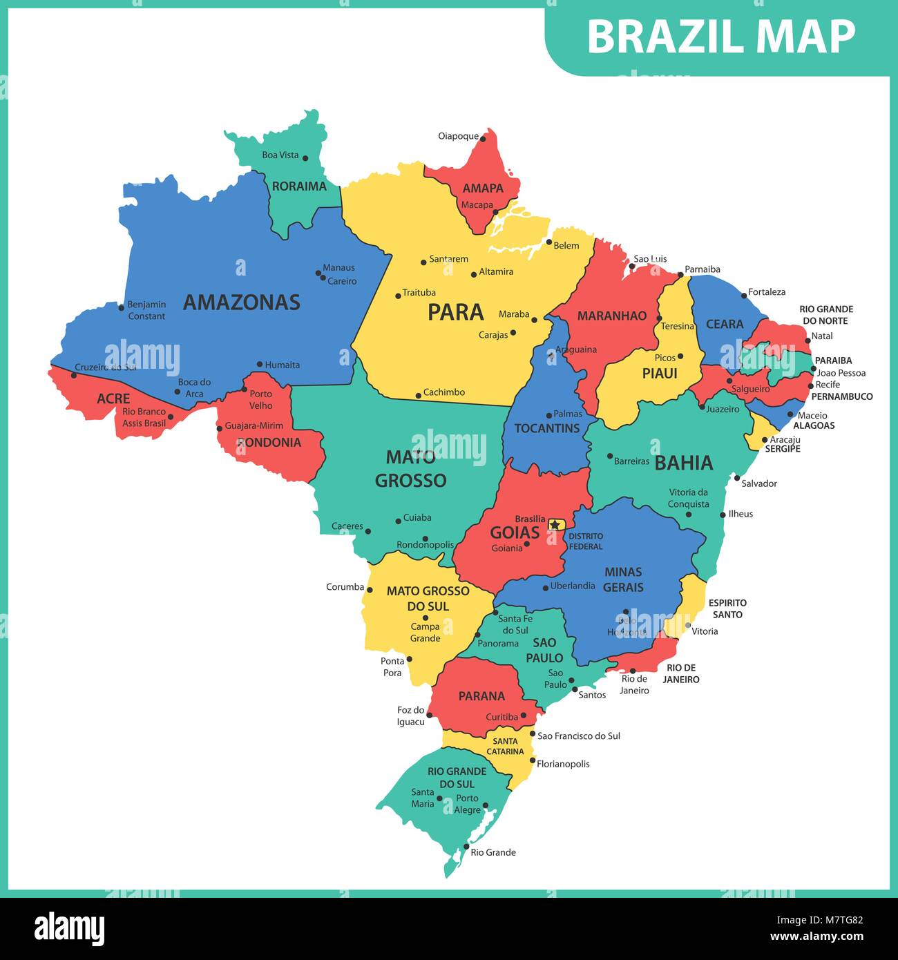Die detaillierte Karte von Brasilien mit den Regionen oder Staaten und