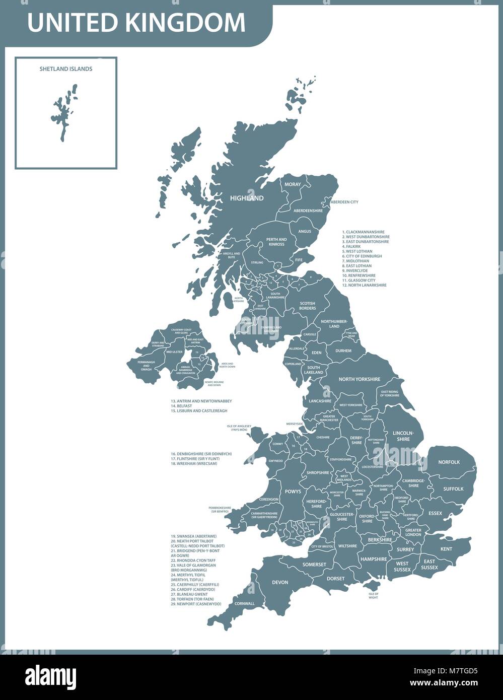 Die detaillierte Karte des Vereinigten Königreichs mit Regionen oder Staaten. Aktuelle VK, Großbritannien administrativen Geschäftsbereich. Stock Vektor