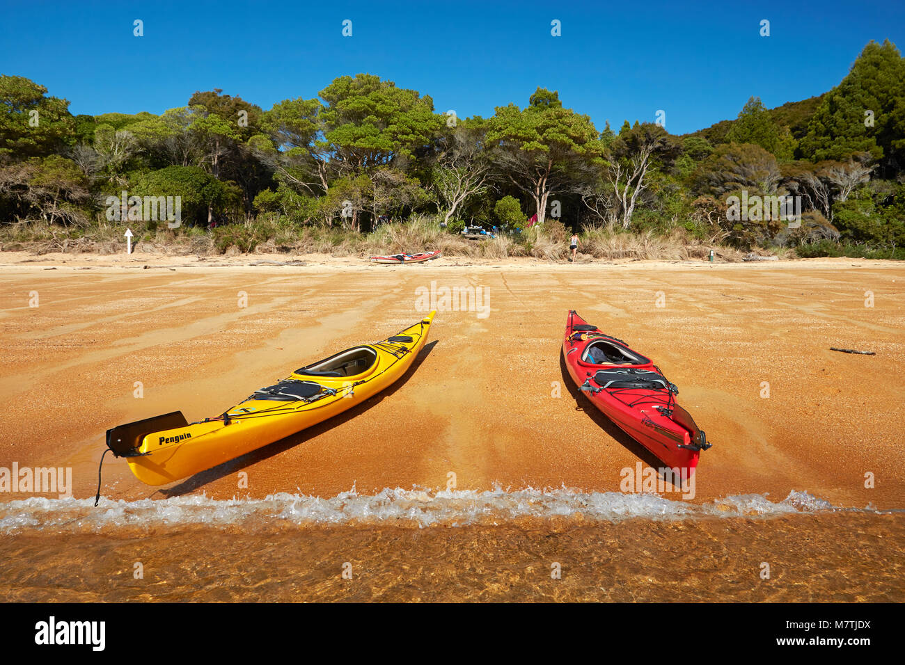 Kajaks und Campingplatz, Te Pukatea Bay, Abel Tasman National Park, Nelson, Südinsel, Neuseeland Stockfoto