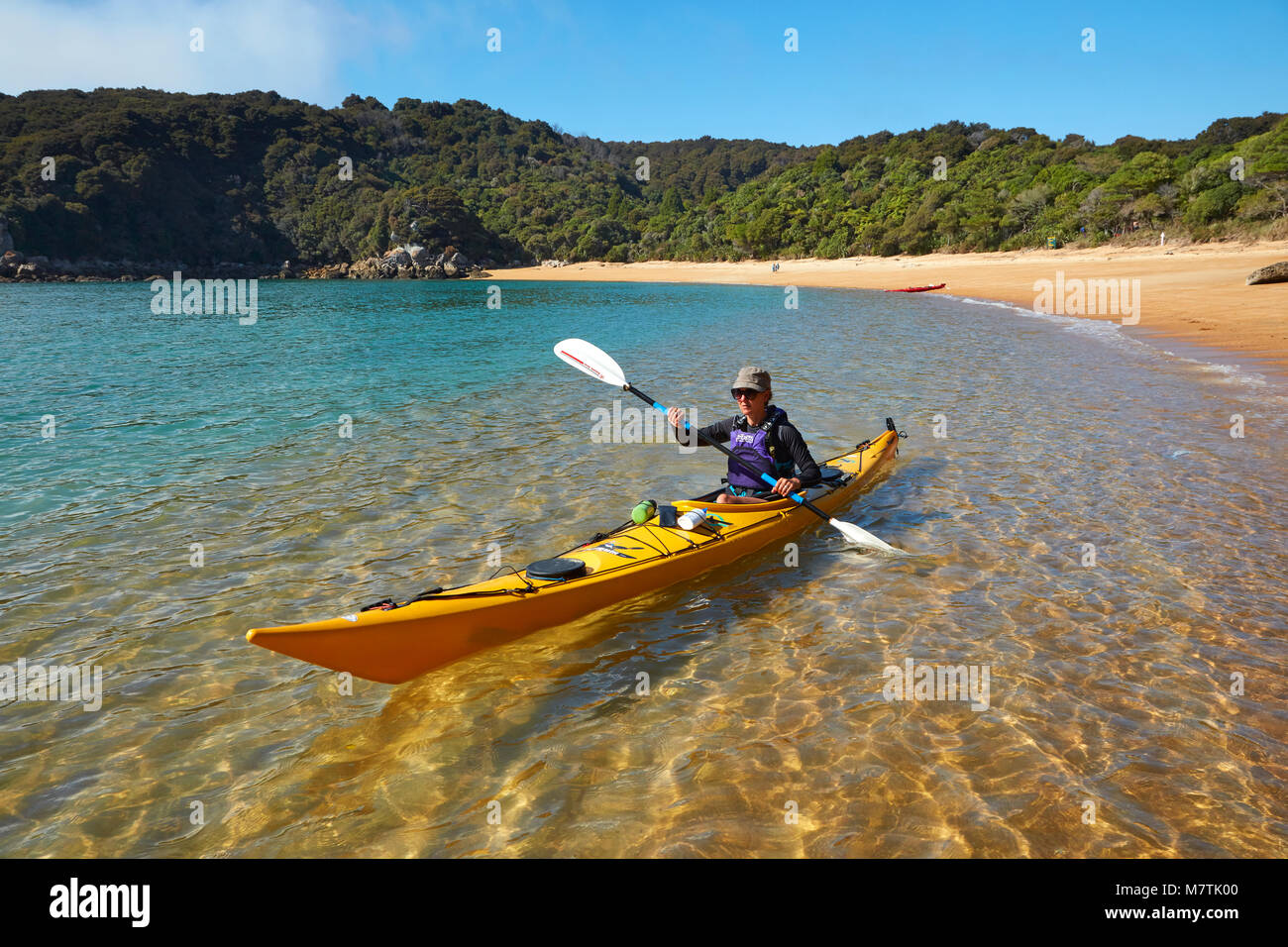 Kayker, Te Pukatea Bay, Abel Tasman National Park, Nelson, Südinsel, Neuseeland Stockfoto