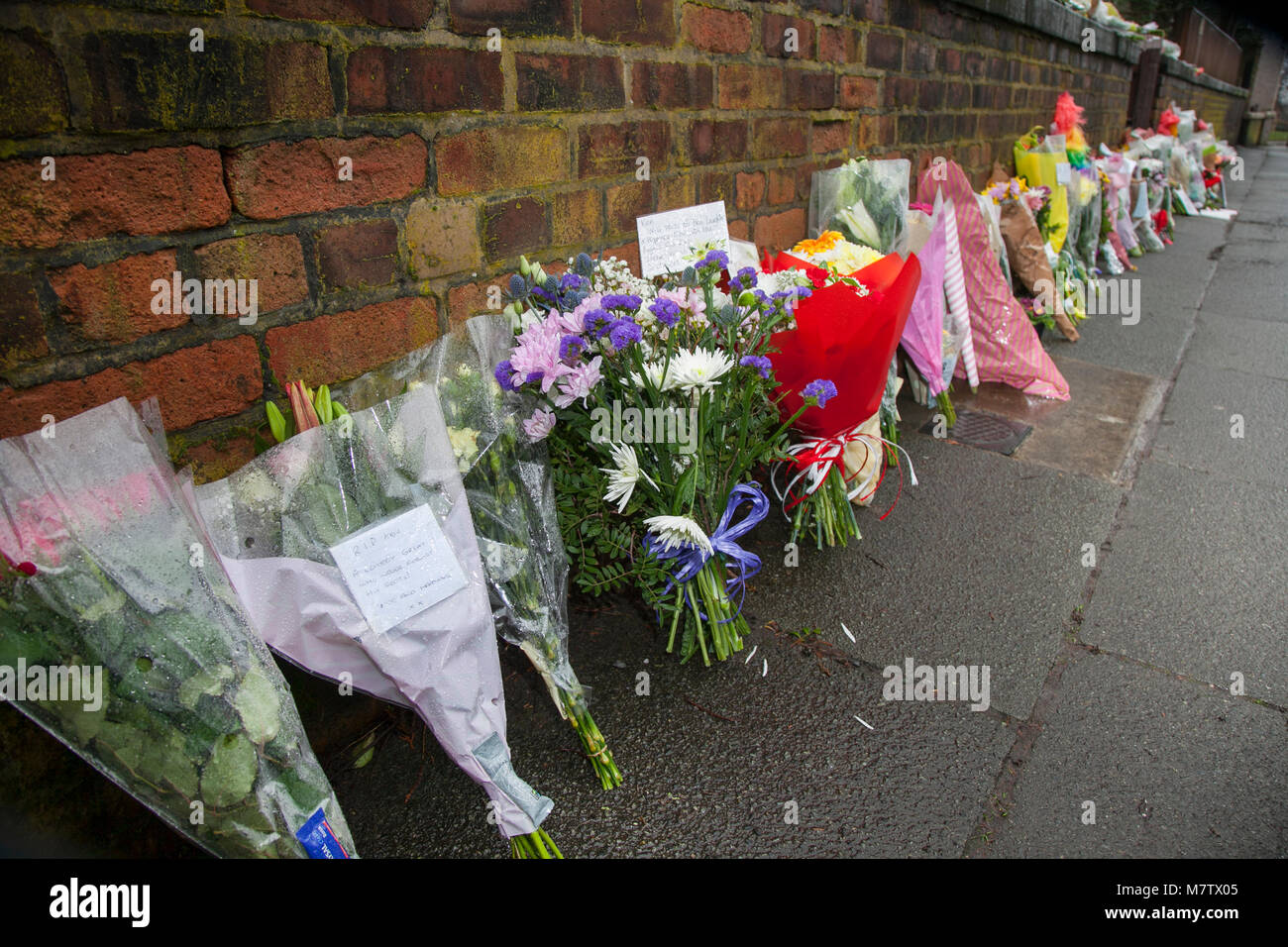 Knotty Esche, Liverpool, Großbritannien. 13. März, 2018. Floral Tribute weiter außerhalb Ken Dodds Liverpool home als Bewohner der Stadt Ehre ein großer Komiker platziert zu werden. Blumen und Staubwedel, (ticking Sticks) haben außerhalb des Hauses in einer langen Linie, die entlang der Wand an der Grenze zum Grundstück platziert. Sir Ken Dodd starb im Alter von 90, mit Ehrungen aus aller Welt für die Viel-Komiker geliebt zu gießen. Kredit MediaWorldImages/AlamyLiveNews. Stockfoto