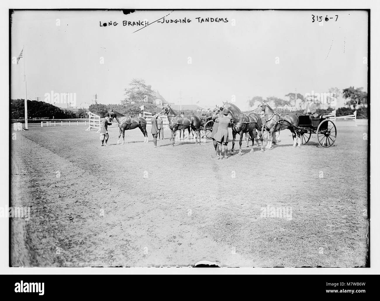 Ein Bild, das die Beurteilung von Tandemteams in Long Branch, möglicherweise während eines Reitens oder einer Kutschenfahrt, zeigt. Die Szene zeigt die Präzision und das Können des Wettbewerbs. Stockfoto