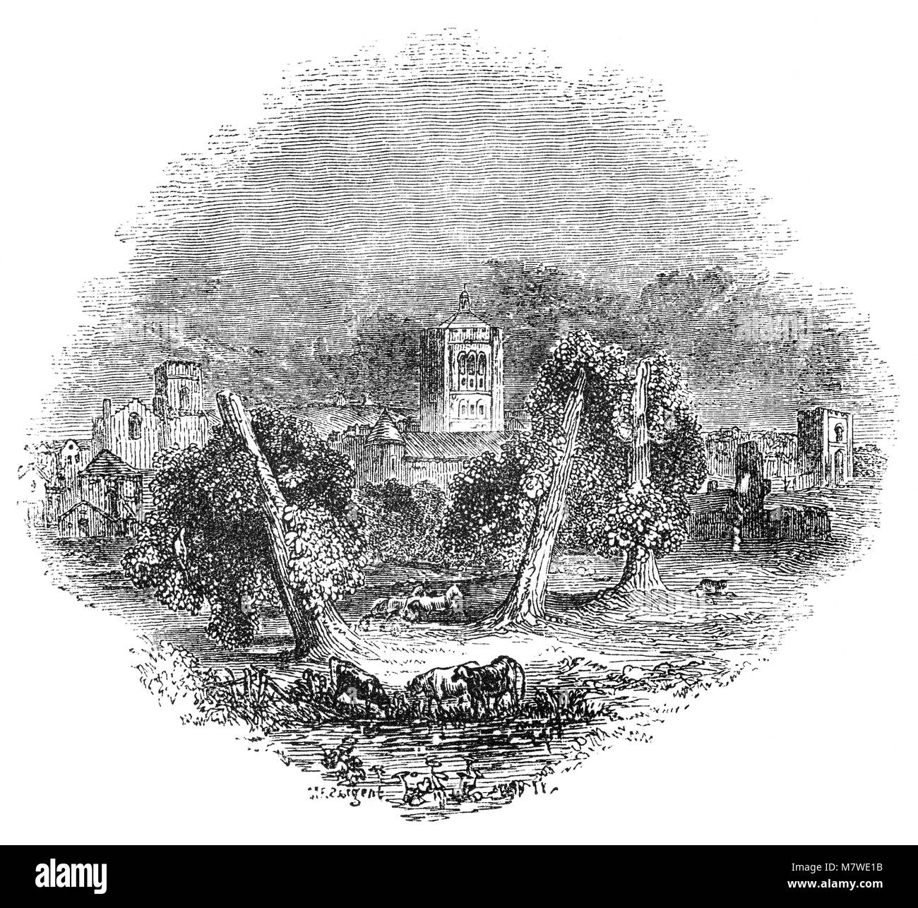 Die landwirtschaftlichen Aktivitäten aus dem 19. Jahrhundert in der Nähe von Bury St Edmunds mit der normannischen Gateway der Abtei steigende oberhalb der Stadt. Die Abtei war einst eine der reichsten Benediktinerklöster in England, bis zur Auflösung der Klöster im Jahre 1539. Es war die Begräbnisstätte der Angelsächsischen Märtyrer - König St. Edmund, von den Großen heidnischen Heer der Dänen in 869 getötet und wurde zu einem Zentrum der Wallfahrt, Suffolk, England Stockfoto