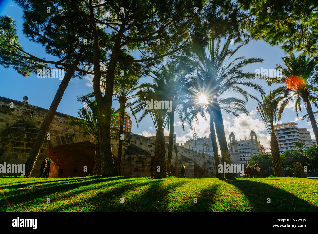Turia Park während des Sonnenuntergangs und Fallas Urlaub in Valencia im Jahr 2018 Stockfoto