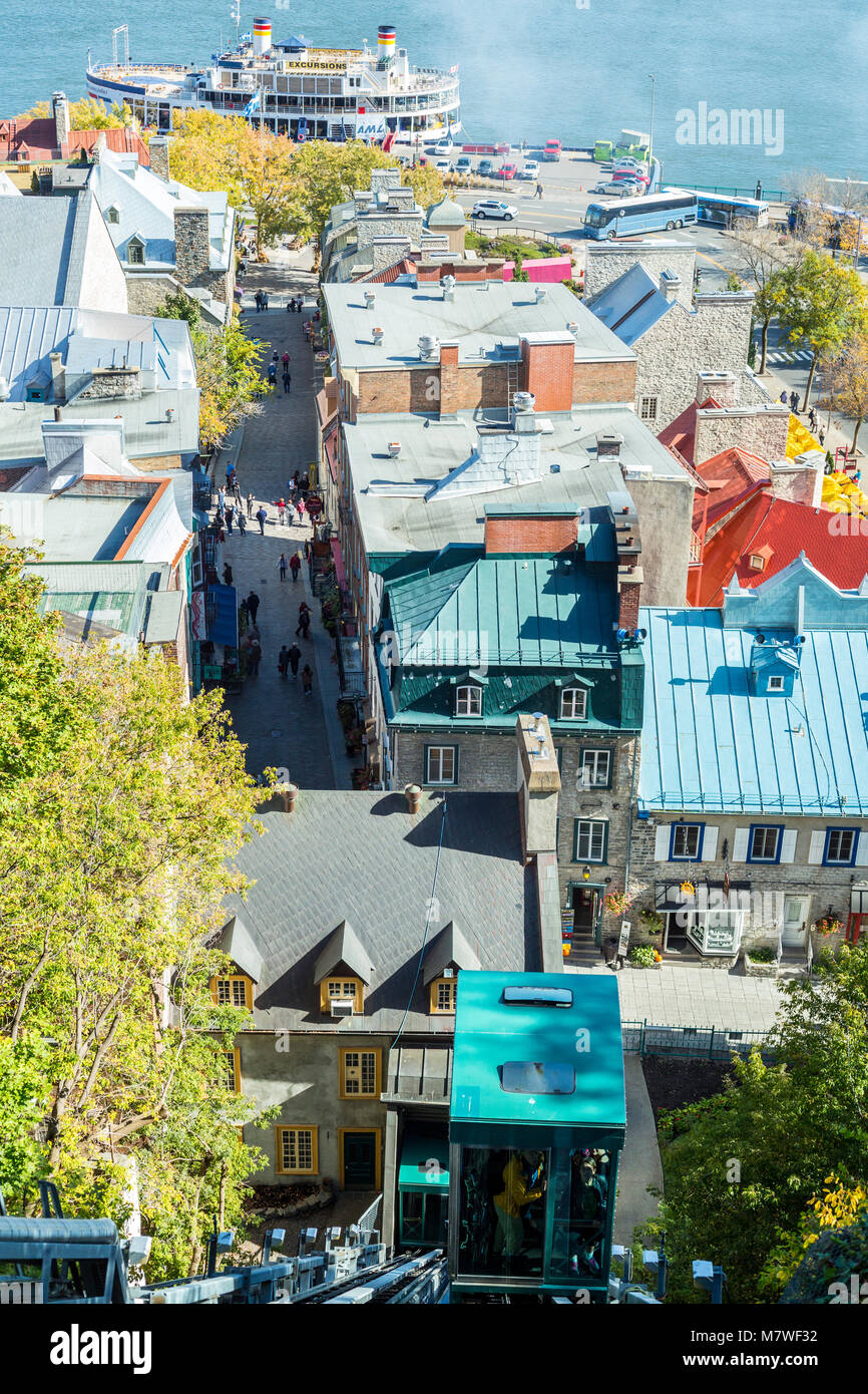 Quebec, Kanada. Seilbahn hinab von der Oberstadt in die Unterstadt. Stockfoto