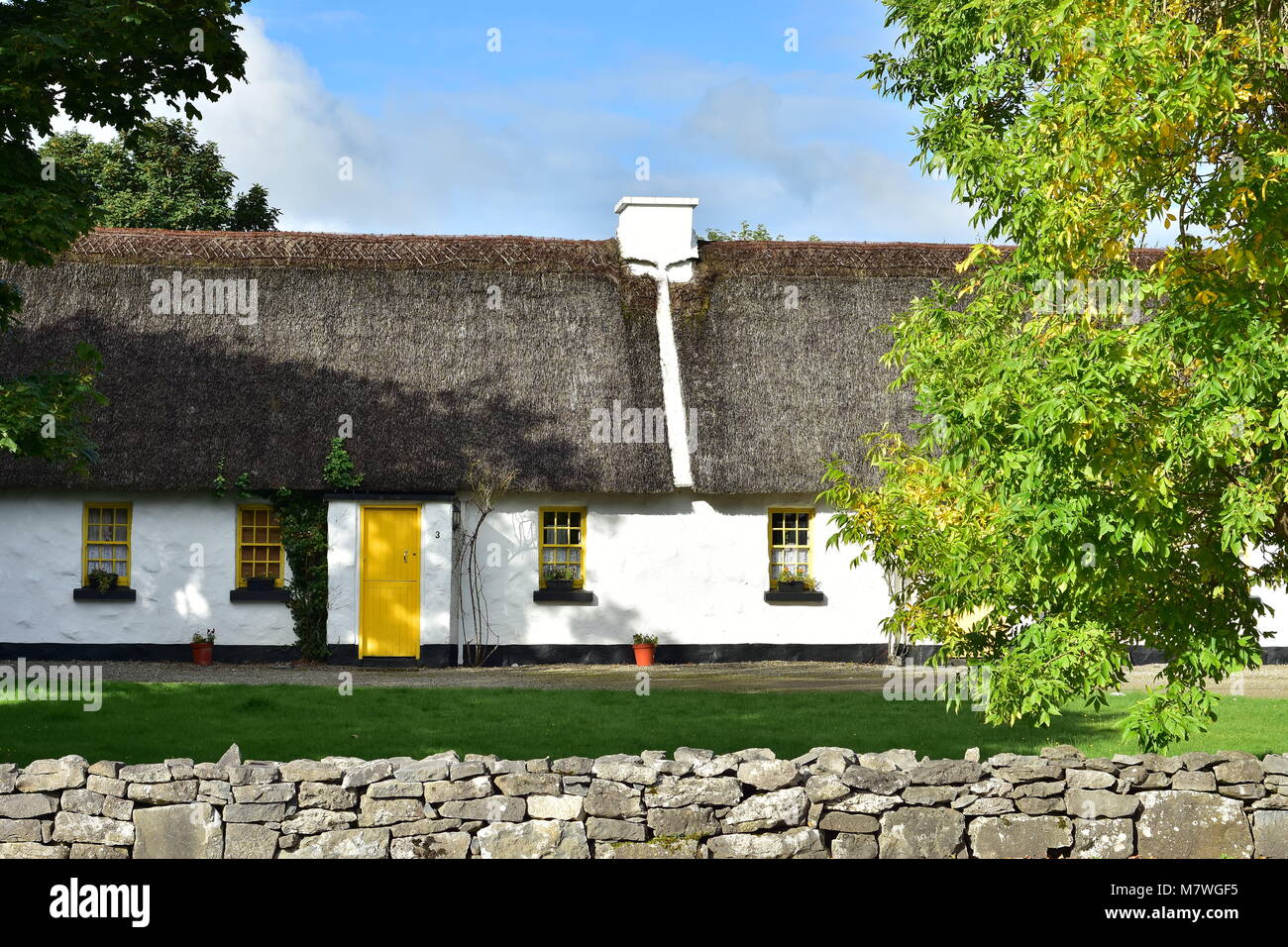 Weiße Country Cottage mit Strohdach und helle gelbe Tür- und Fensterrahmen hinter der niedrigen Mauer aus Stein. Stockfoto