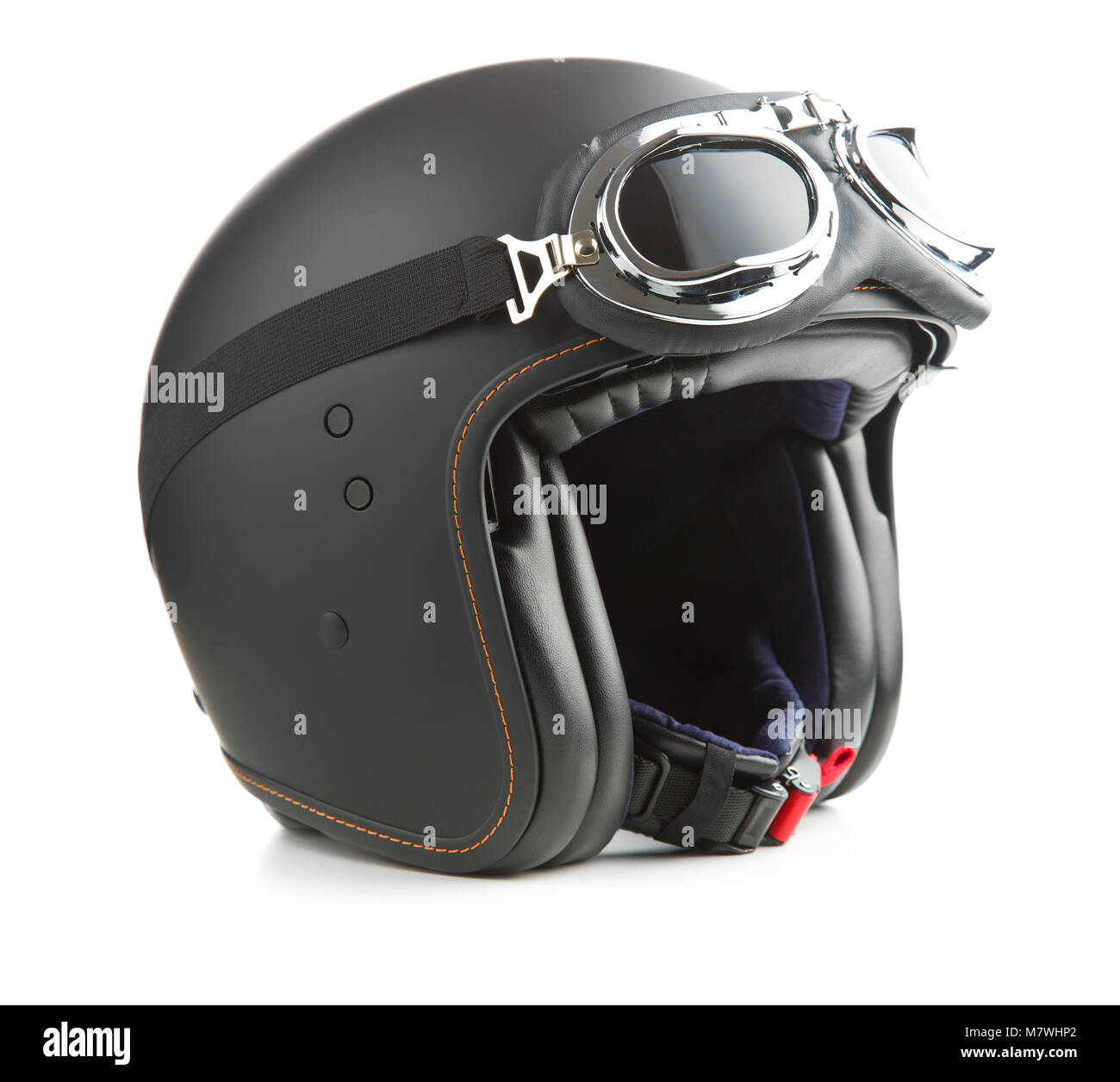 Gesicht Motorrad Helm mit Brille auf weißem Hintergrund öffnen. Stockfoto