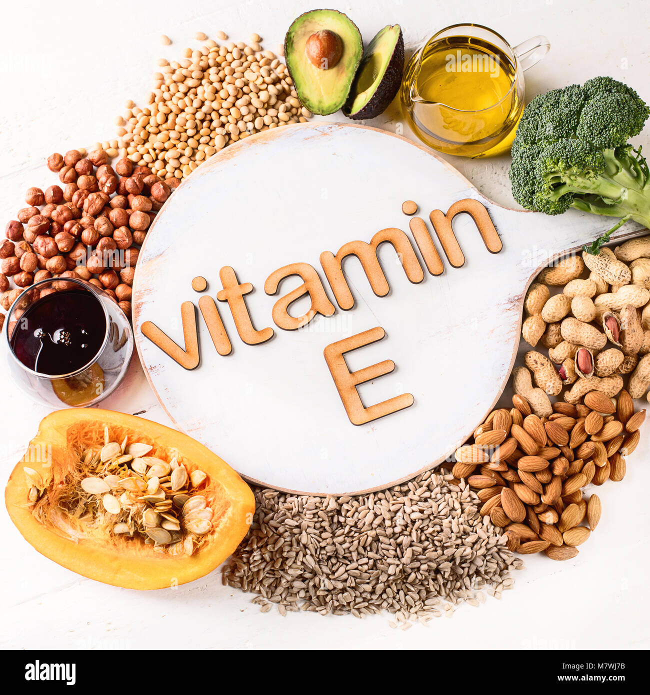 Vitamin E-reiche Nahrung. Ansicht von oben. Gesunde Ernährung Konzept Stockfoto