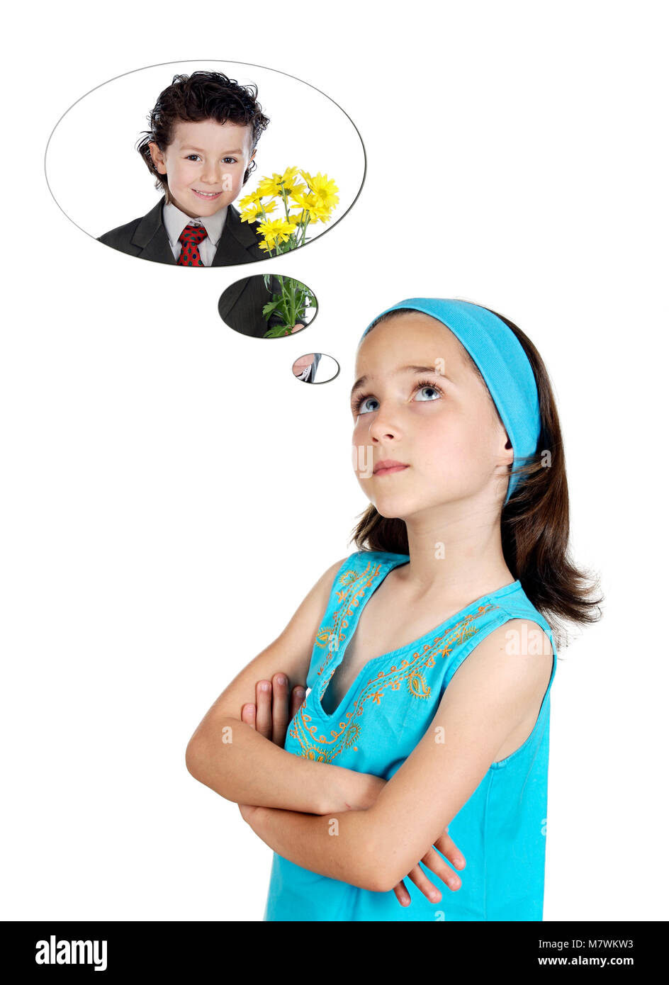 Kleine Mädchen über ihren Freund denken mit einem schönen Blumenstrauß für Ihr auf weißem Hintergrund Stockfoto