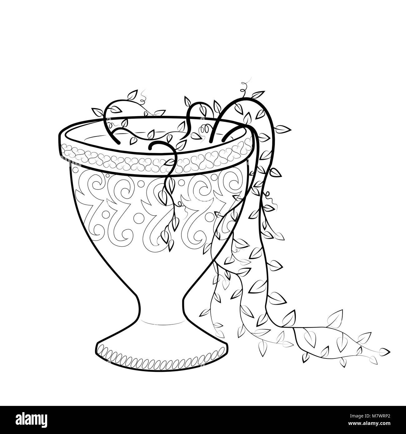 Klettern in einem Stein Vase. Gartenmöbel vaze mit Blättern. Malbuch Vector Illustration. Stock Vektor