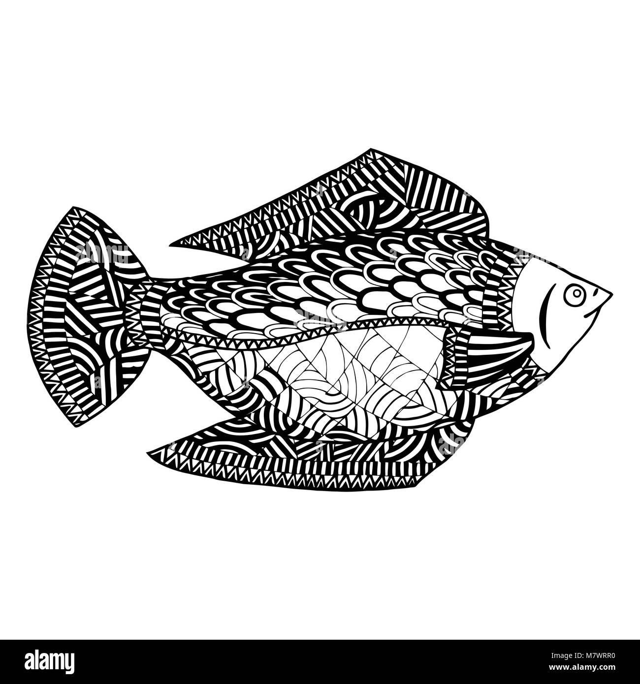 Fisch vector Zentangle. Unterwasserwelt zen Wirrwarr und Doodle. Untergetaucht Malbuch. Subaqueous tattoo. Schwarze und weiße Untergrund Stock Vektor