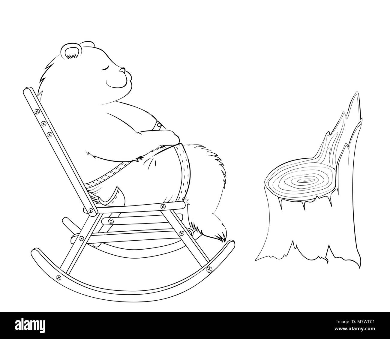 Malbuch mit der kleine Bär. Das Tier schläft auf dem Schaukelstuhl. Eine Lichtung mit einem Baumstumpf Vector Illustration. Stock Vektor