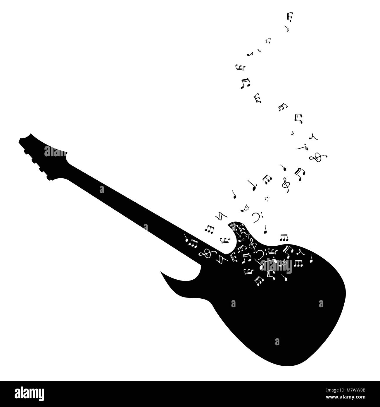 Gitarre Vector Illustration. Die schwarze Silhouette einer Halterung. Noten. Stock Vektor