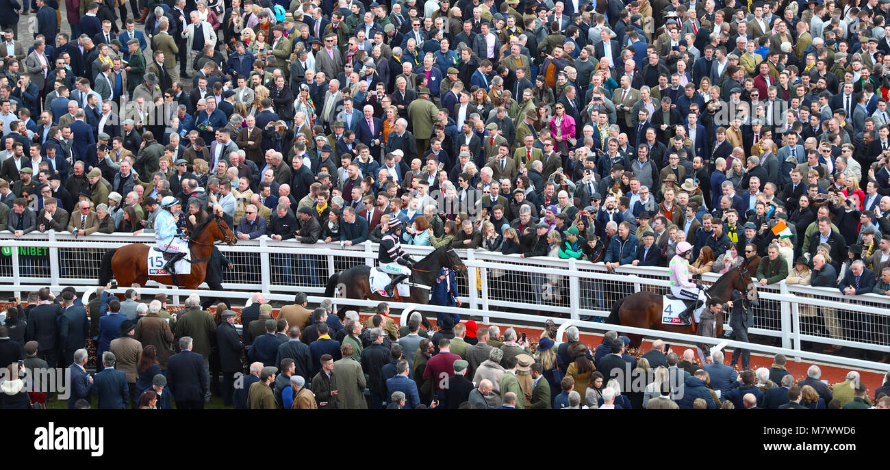 Zuschauer verfolgen Pferde in die Parade Ring während Meister Tag der Cheltenham Festival 2018 in Cheltenham Racecourse. Stockfoto