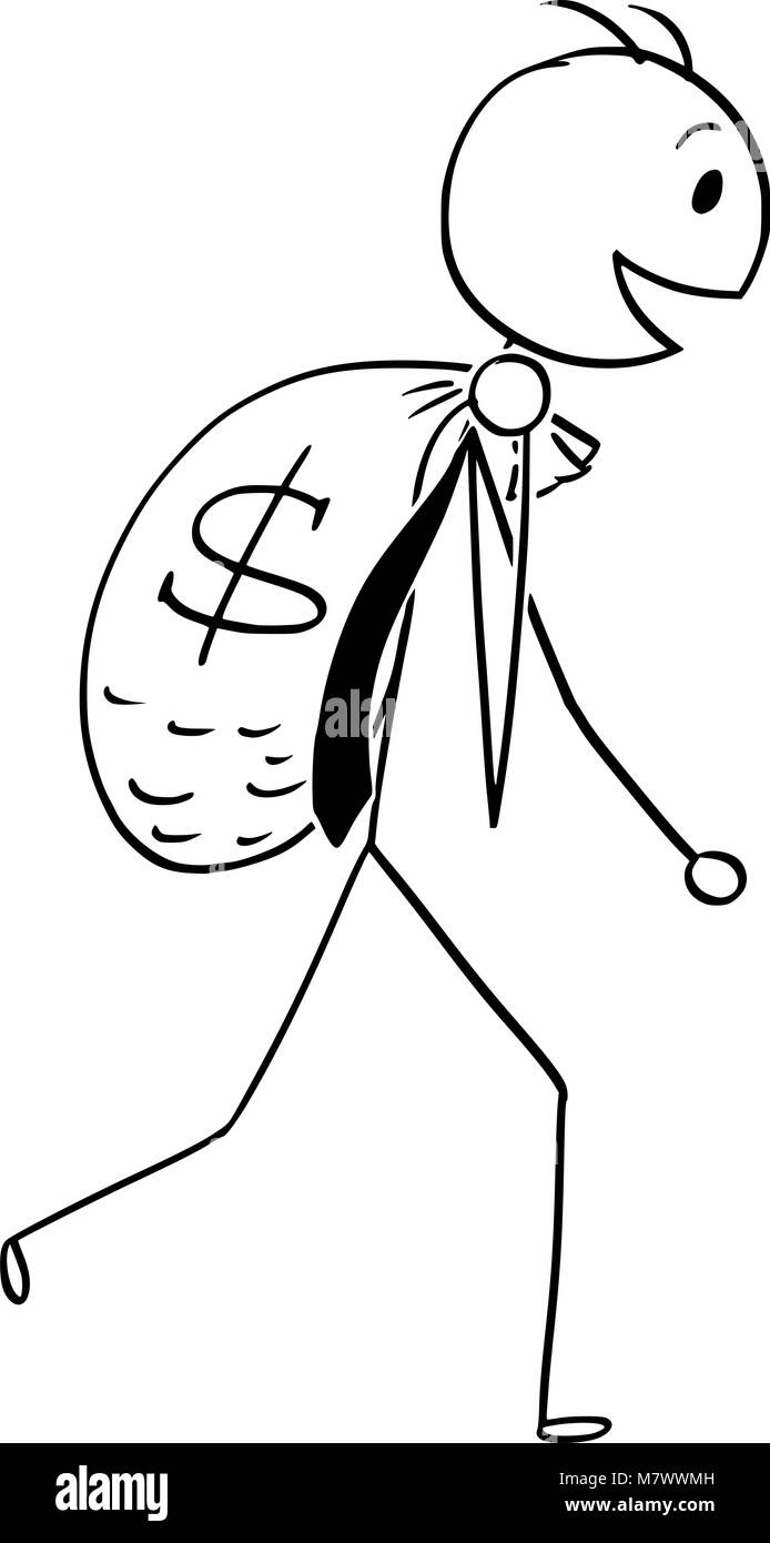 Cartoon von lächelnden Geschäftsmann tragen große Sack Geld Stock Vektor