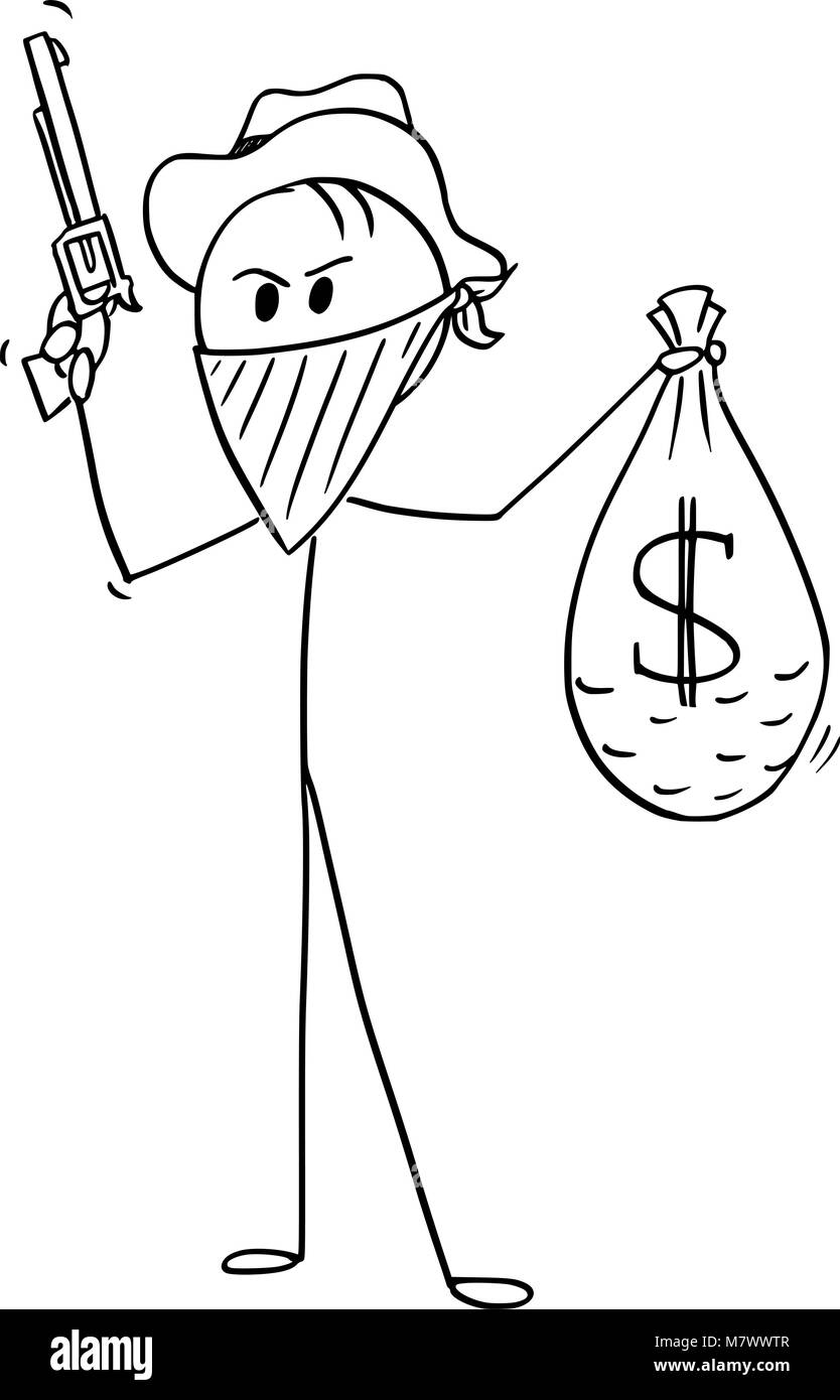 Cartoon von maskierten Räuber Cowboy mit Tasche von gestohlenen Dollar Geld und Gewehr Stock Vektor