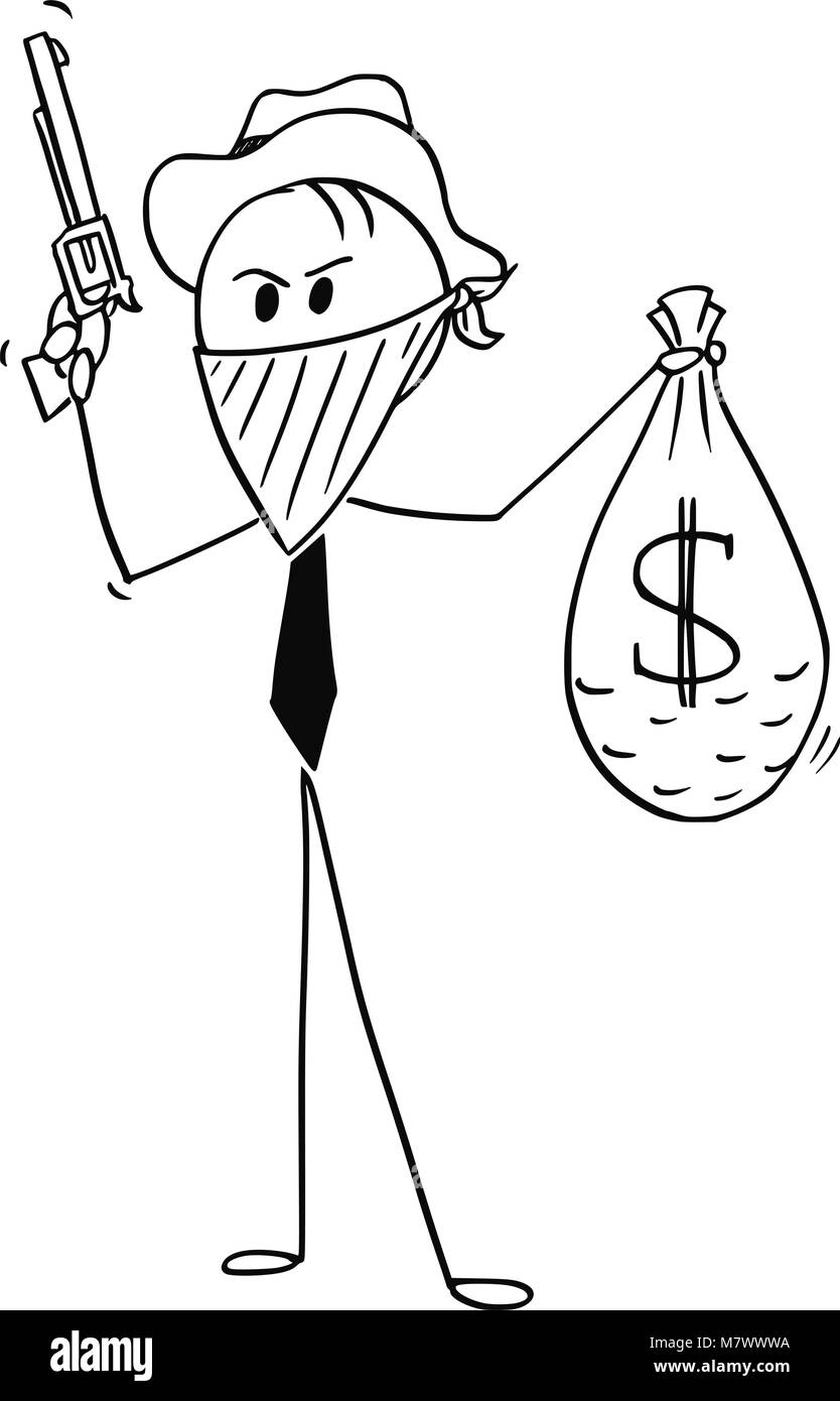 Cartoon von maskierten Geschäftsmann Cowboy Räuber mit Tasche von gestohlenen Dollar Geld und Gewehr Stock Vektor