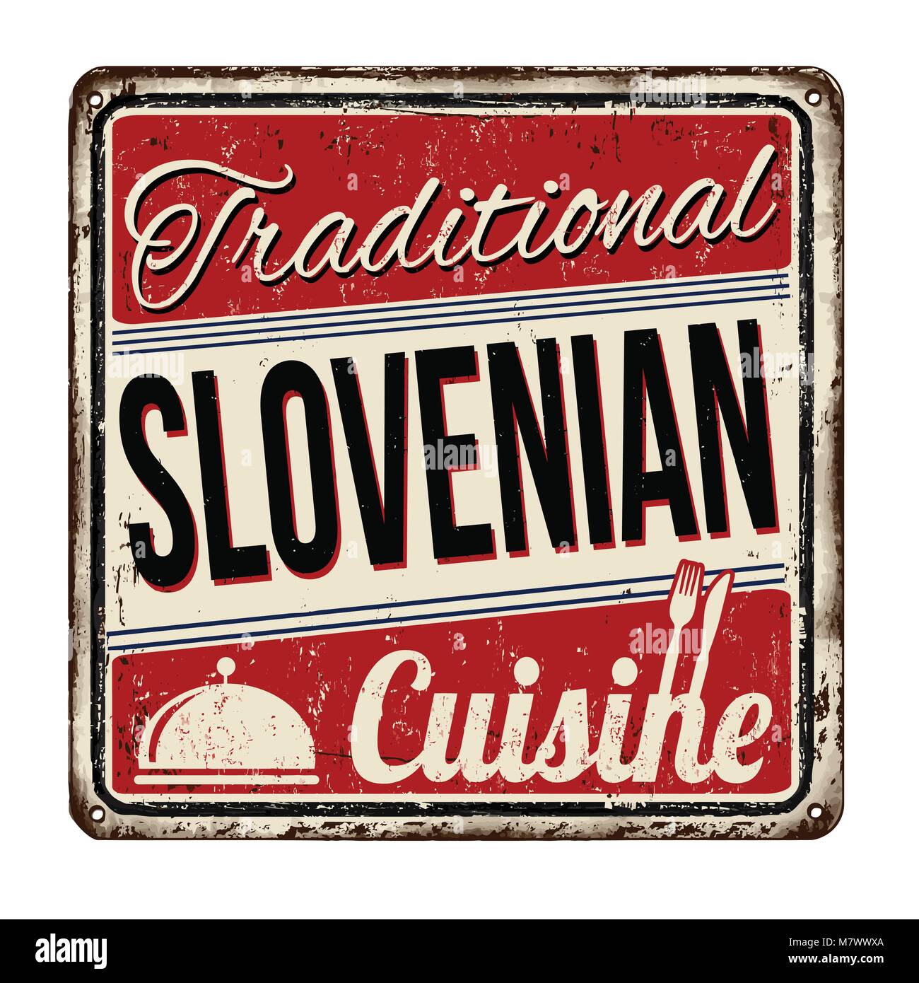 Traditionelle slowenische Küche vintage rostiges Metall Zeichen auf weißem Hintergrund, Vector Illustration Stock Vektor