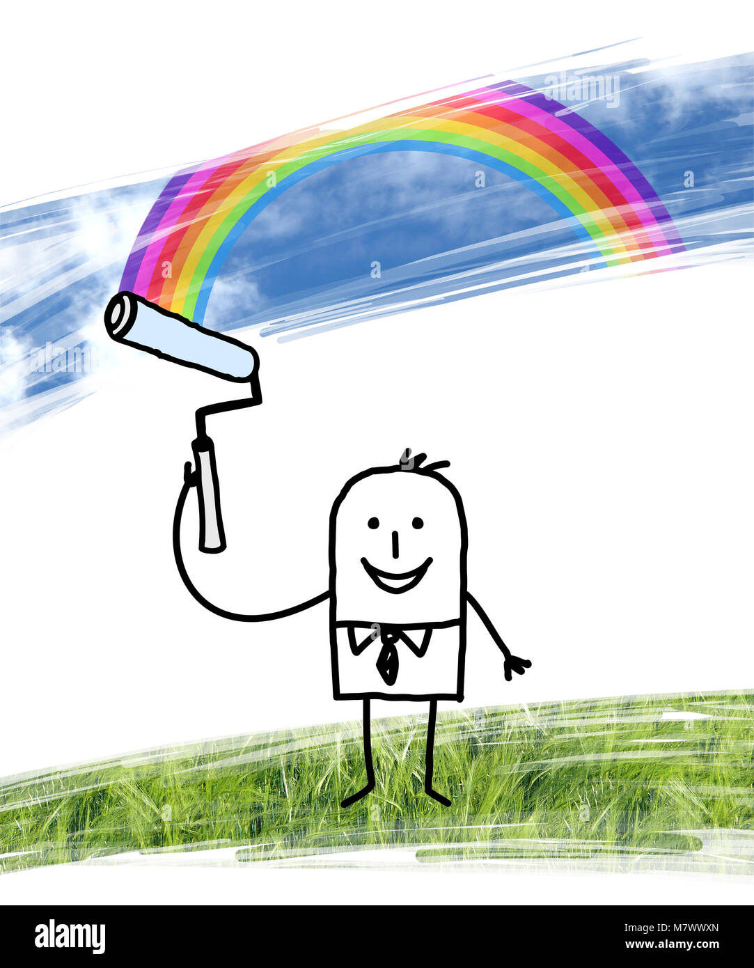Cartoon Mann Malerei blauer Himmel mit Rainbow Stockfoto