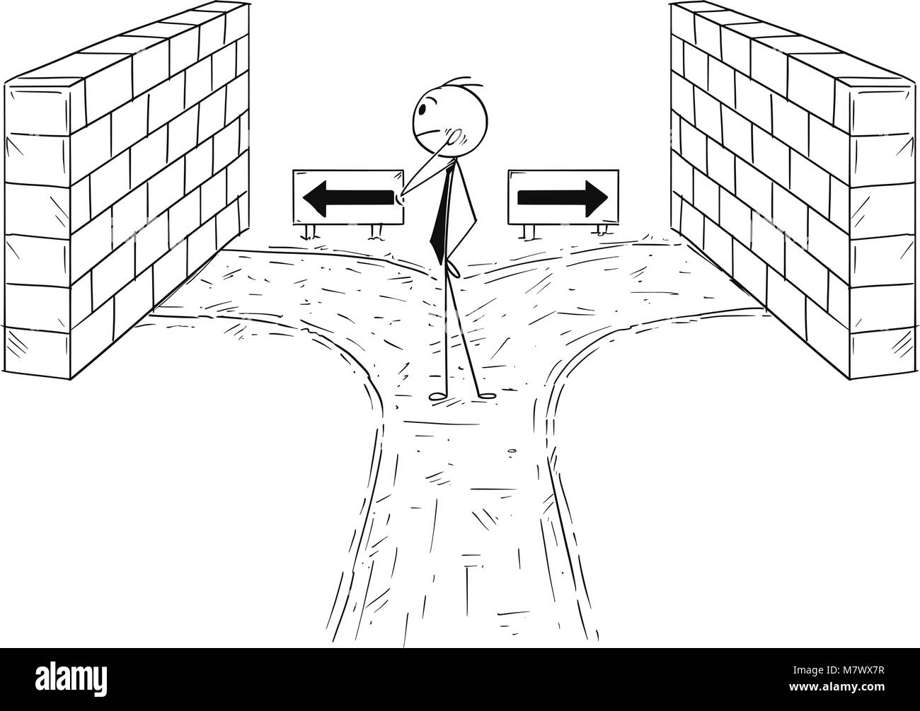 Cartoon von Geschäftsmann auf Sackgasse ohne richtige Option zu wählen. Stock Vektor