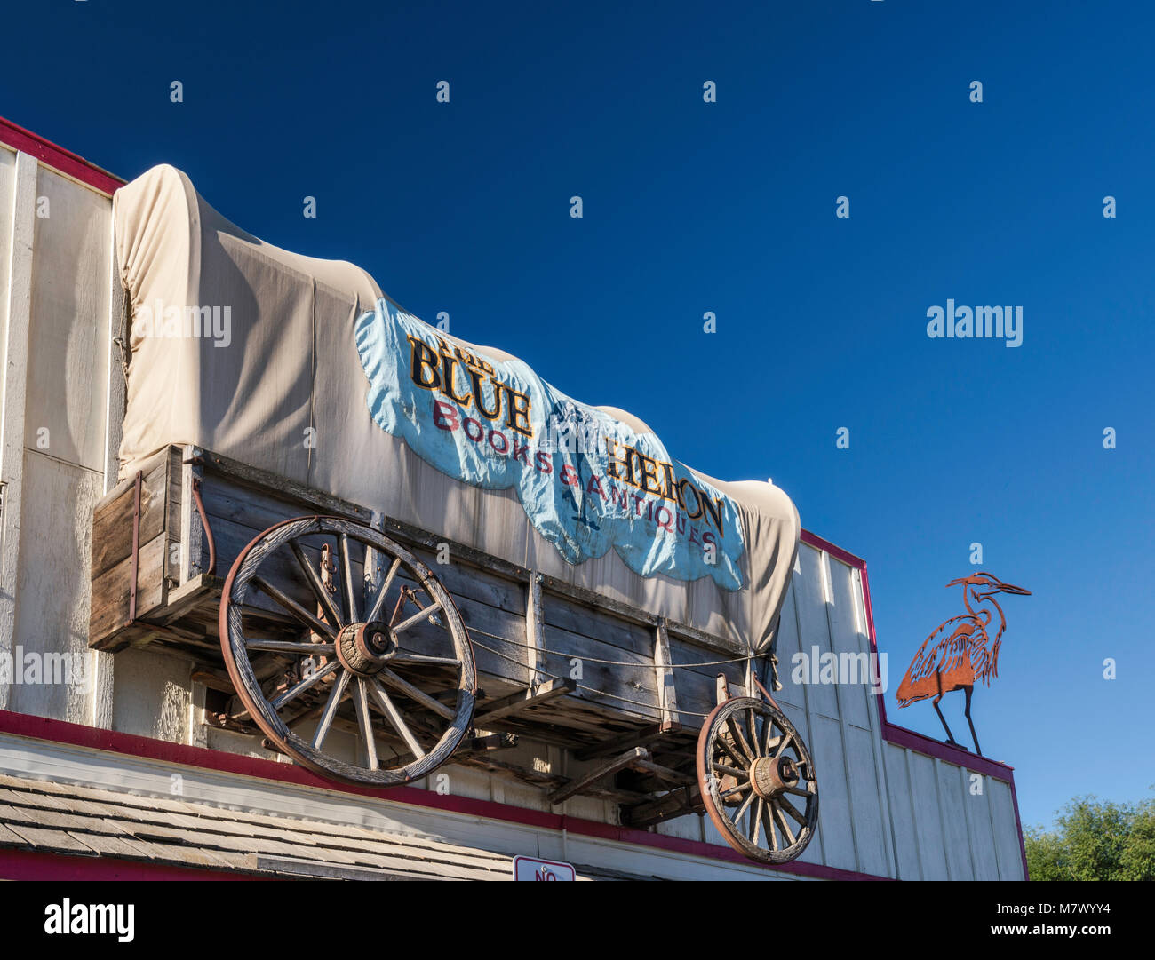 Wagon Anzeige an Buchhandlung auf der Main Street in Ennis, Madison Valley, Montana, USA Stockfoto