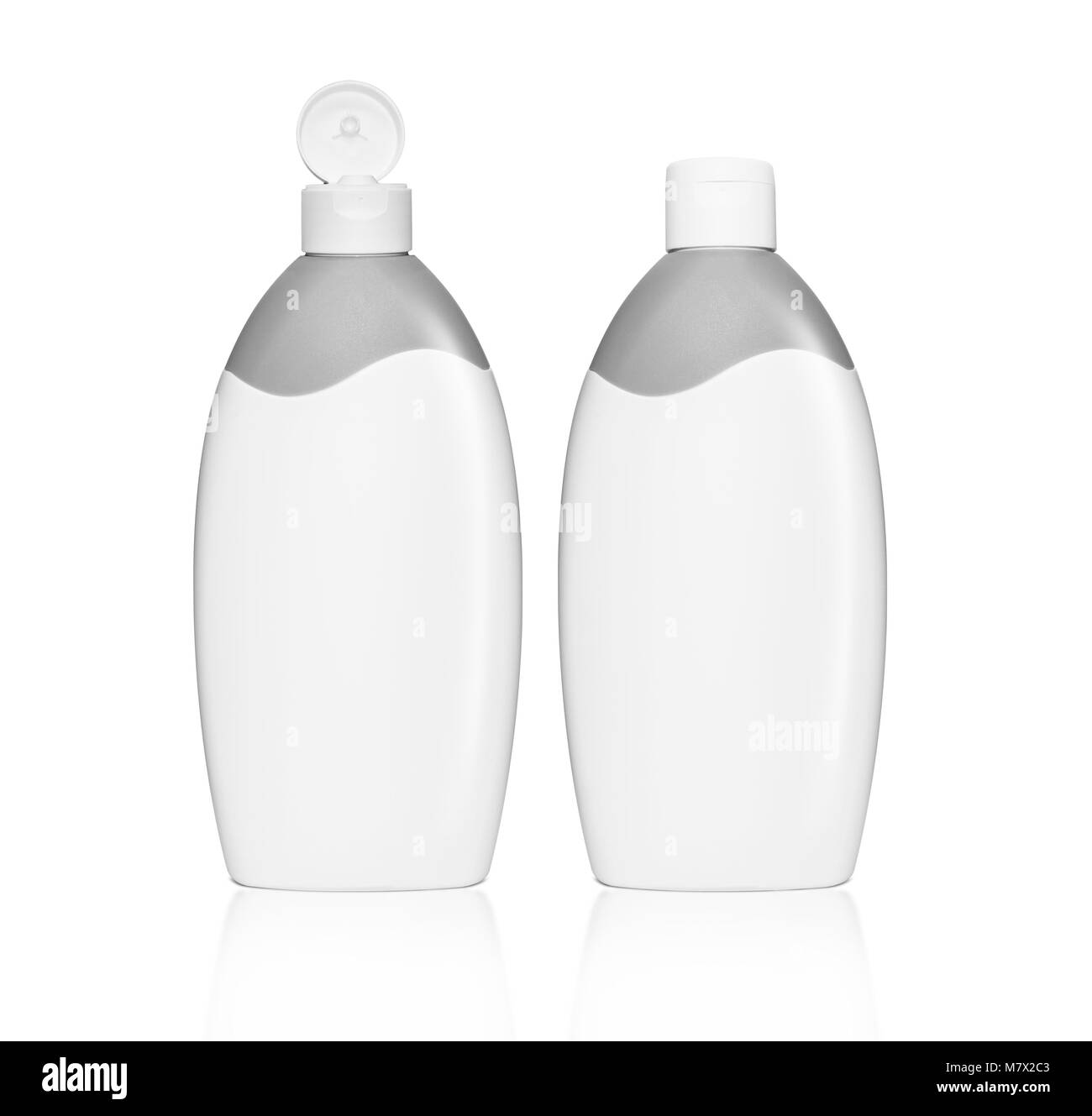 Kunststoff Kosmetik, Shampoo oder gel Flasche, geschlossen und offen, auf weißem Hintergrund Stockfoto
