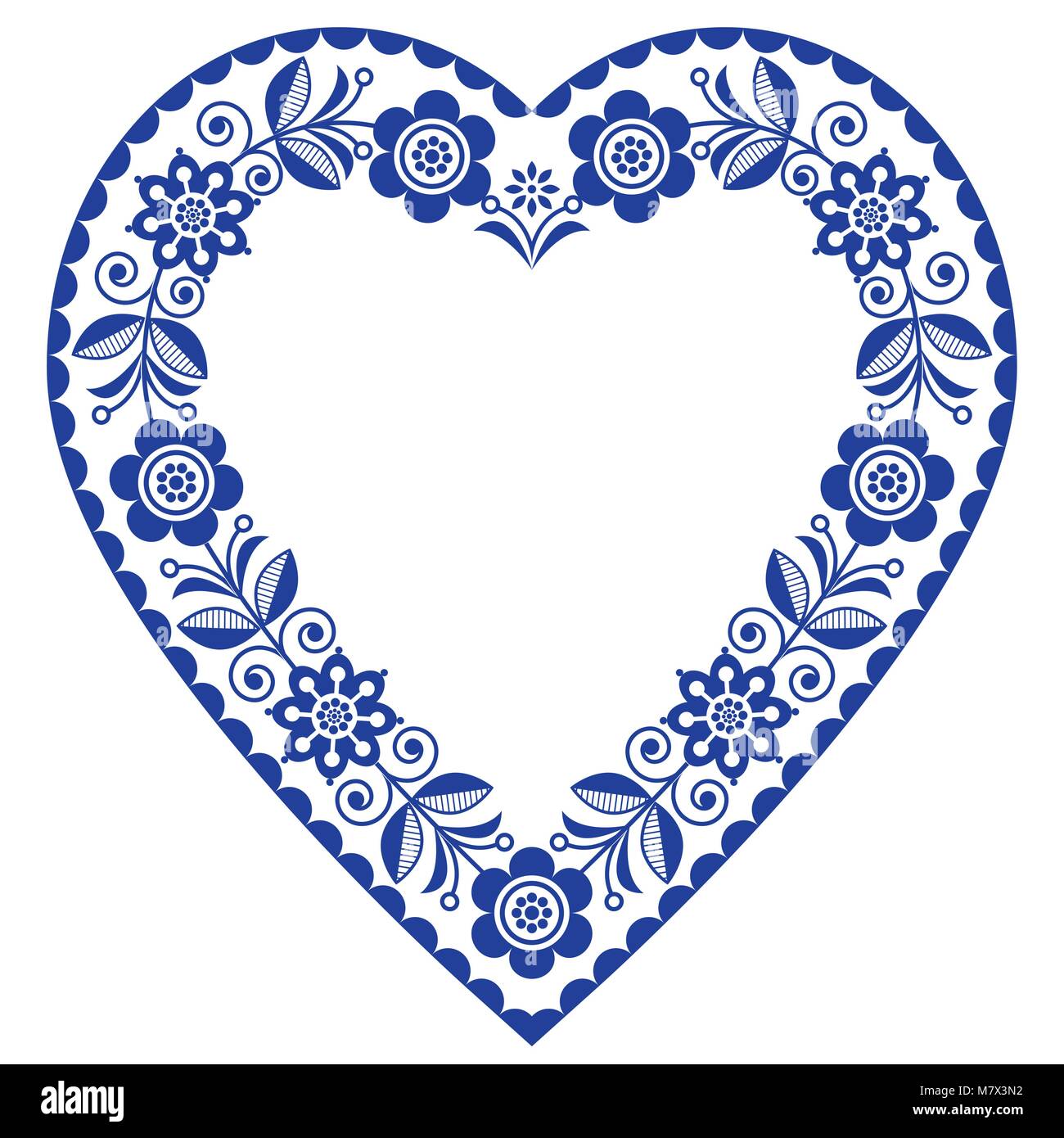 Folk Herz Vektor Design Skandinavischen Floralen Ornament Herzform Traditionelles Design Mit Blumen In Marine Blau Geburtstag Oder Hochzeit Grusskarte Stock Vektorgrafik Alamy