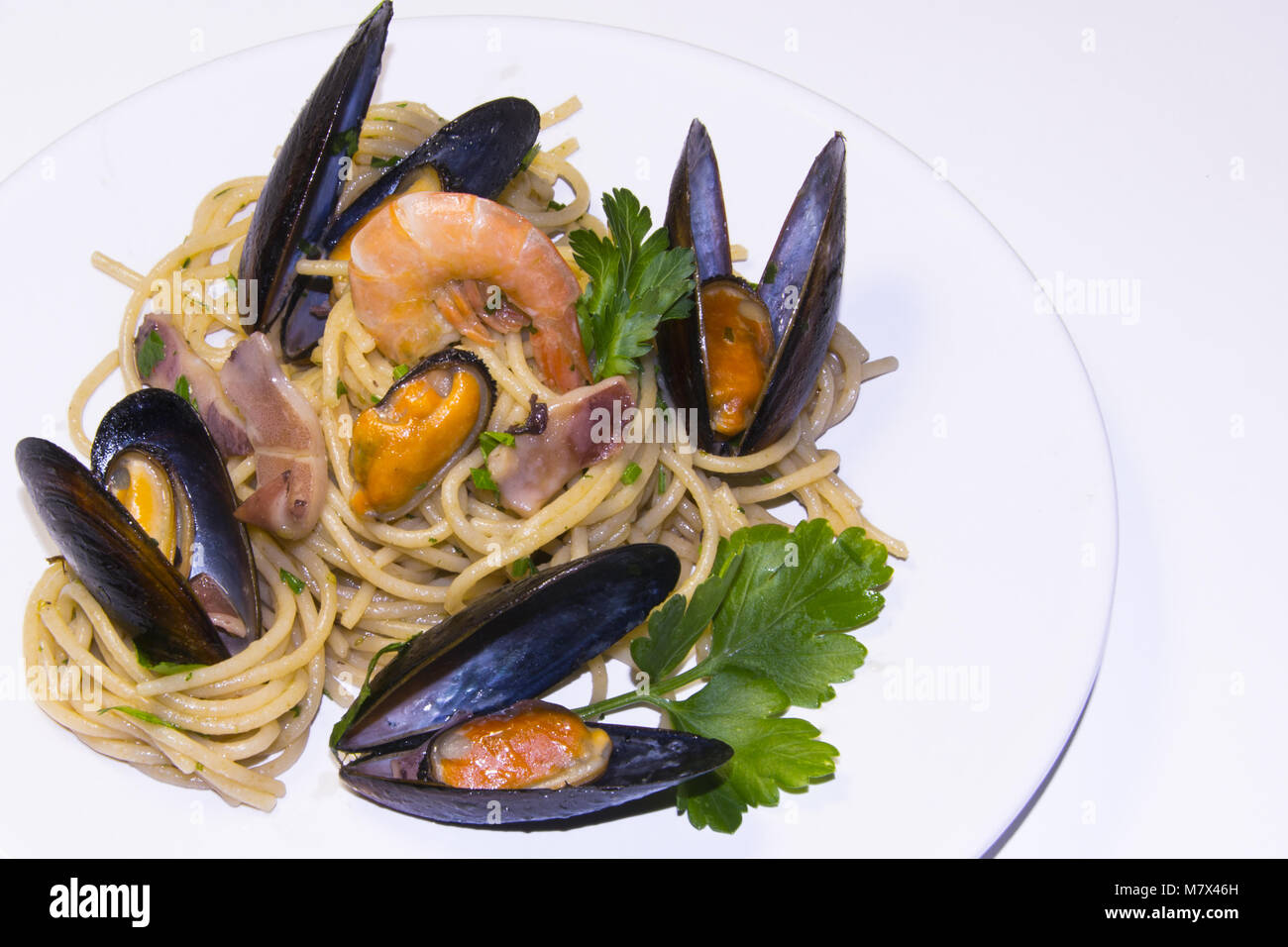 Spaghetti Pasta und Meeresfrüchte italienische Kultur, mediterrane Küche, Restaurant gesunde Mahlzeit Stockfoto