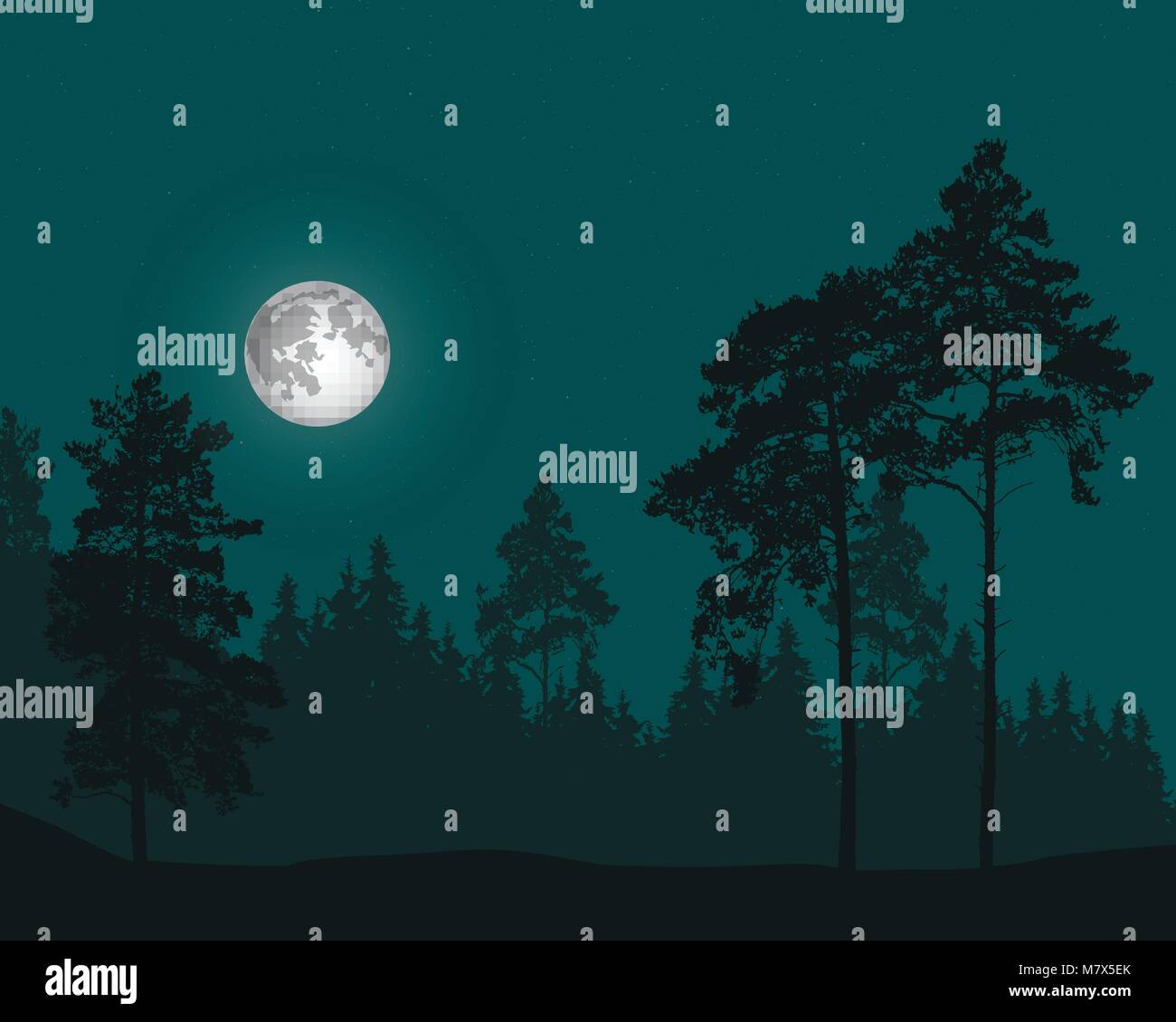 Vector Illustration von Nadelwald unter Nachthimmel mit Sternen und Mond Vollmond Stock Vektor