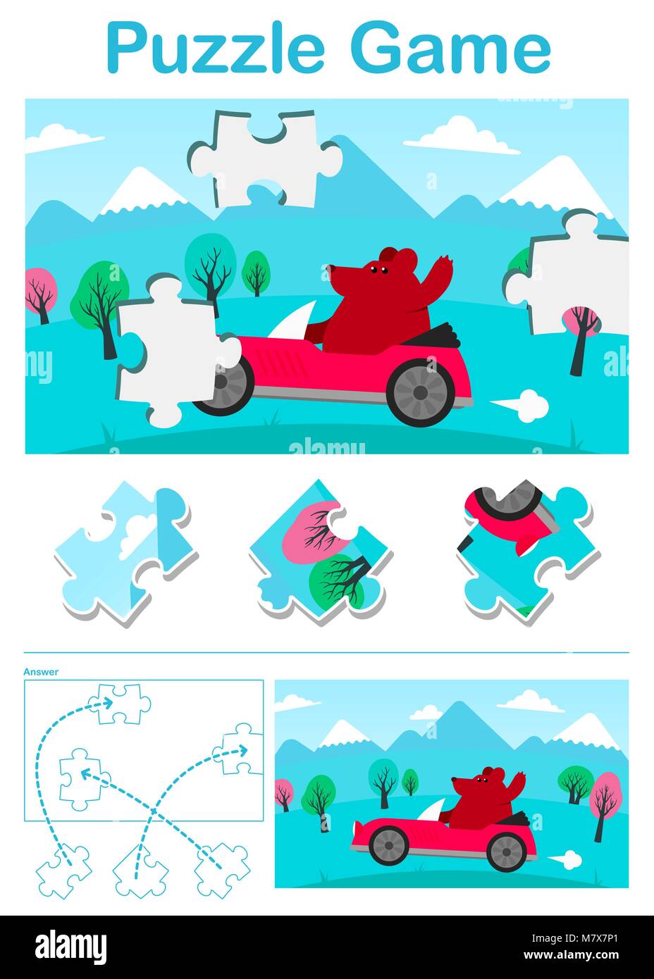 Kinder cartoon puzzle Spiel mit einem Bären im Auto und fehlende Puzzleteile, die die Lösung unten in einer druckbaren Eps 10 Vector Illustration Stock Vektor