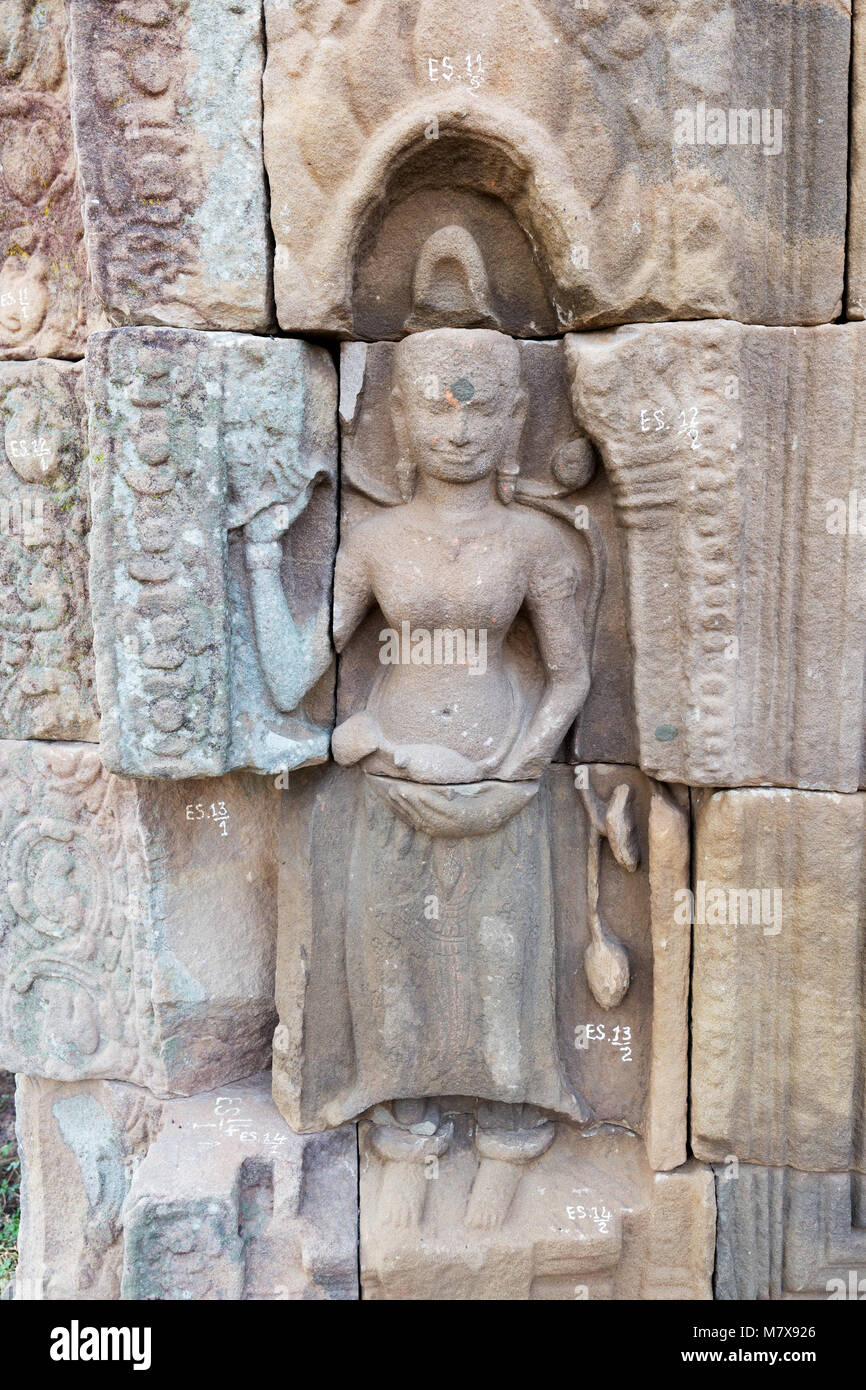 11. Jahrhundert Stone Carving, Nokor, aka Bachey Tempel Wat Nokor, Banteay Prey Nokor und Banteay Prei Nokor, Hindu Tempel, Kampong Cham, Kambodscha Asien Stockfoto