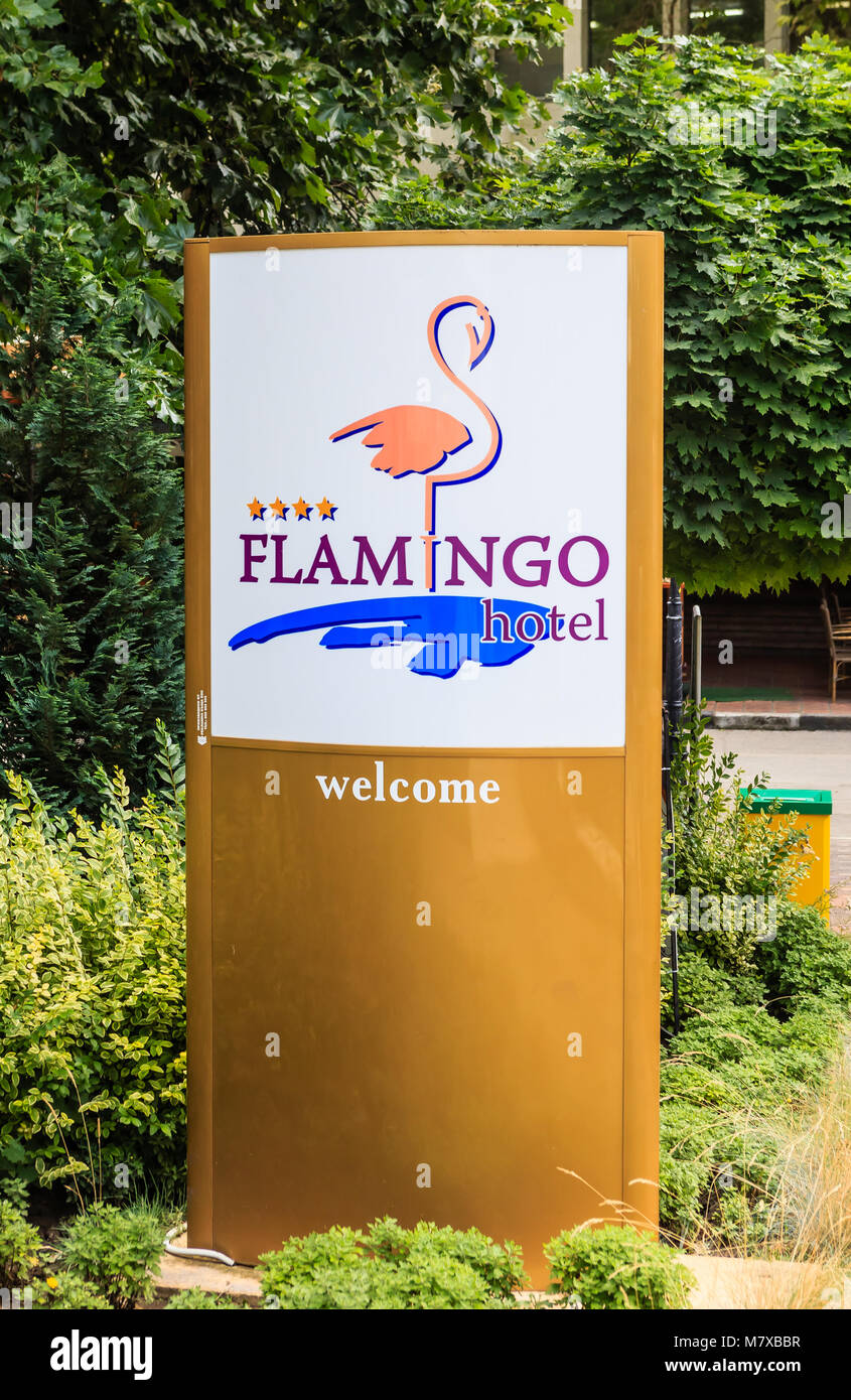 Bulgarien, Schwarzes Meer, Seebad Albena, das Plakat mit dem Namen des Flamingo Grand Hotel Stockfoto