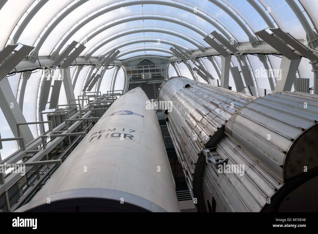 Die Thor und blauen Streifen Raketen auf Anzeige an das National Space Centre, Liecester, Großbritannien Stockfoto