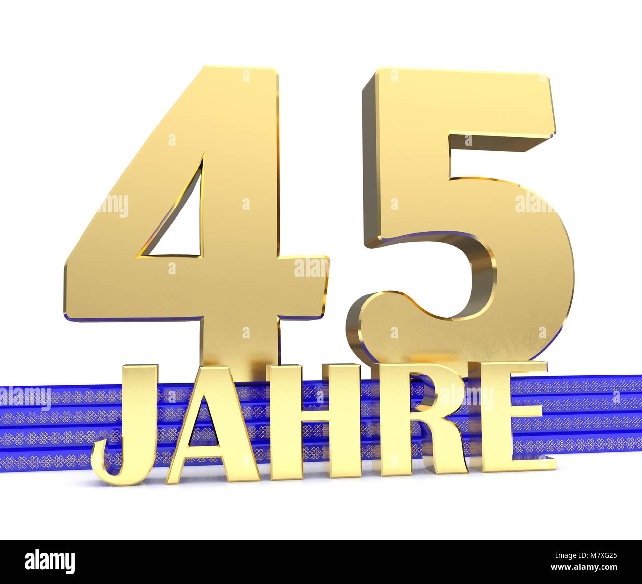 Goldene Zahl 45 und der Aufschrift Jahre auf dem blauen Treppe mit goldenen Symbole endloser Knoten. Aus dem Deutschen übersetzt. 3D-illustr Stockfoto
