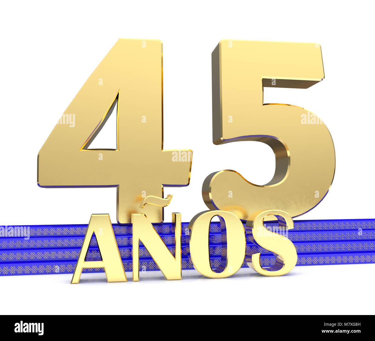 Goldene Zahl 45 und der Aufschrift Jahre auf dem blauen Treppe mit goldenen Symbole endloser Knoten. Von der Spanischen - Jahre übersetzt. 3D-illust Stockfoto